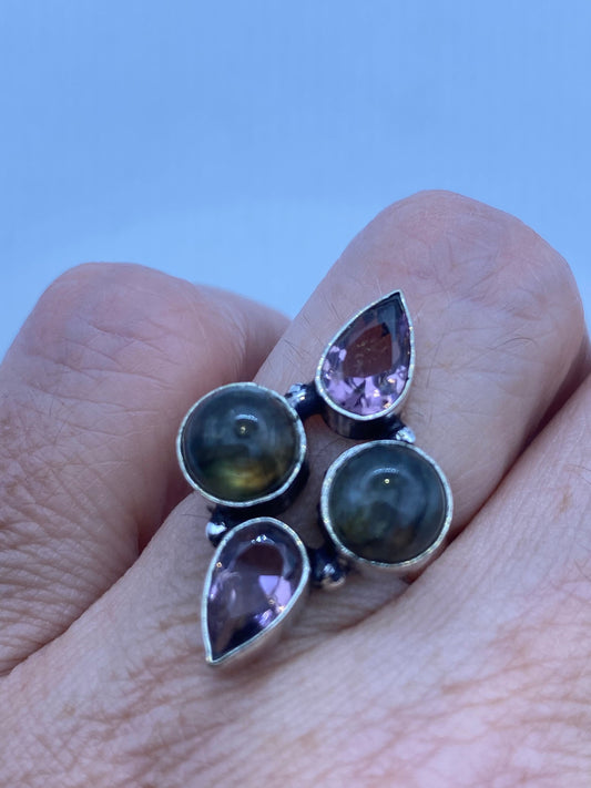 Vintage Rainbow Labradorite Amethyst Cocktail Ring