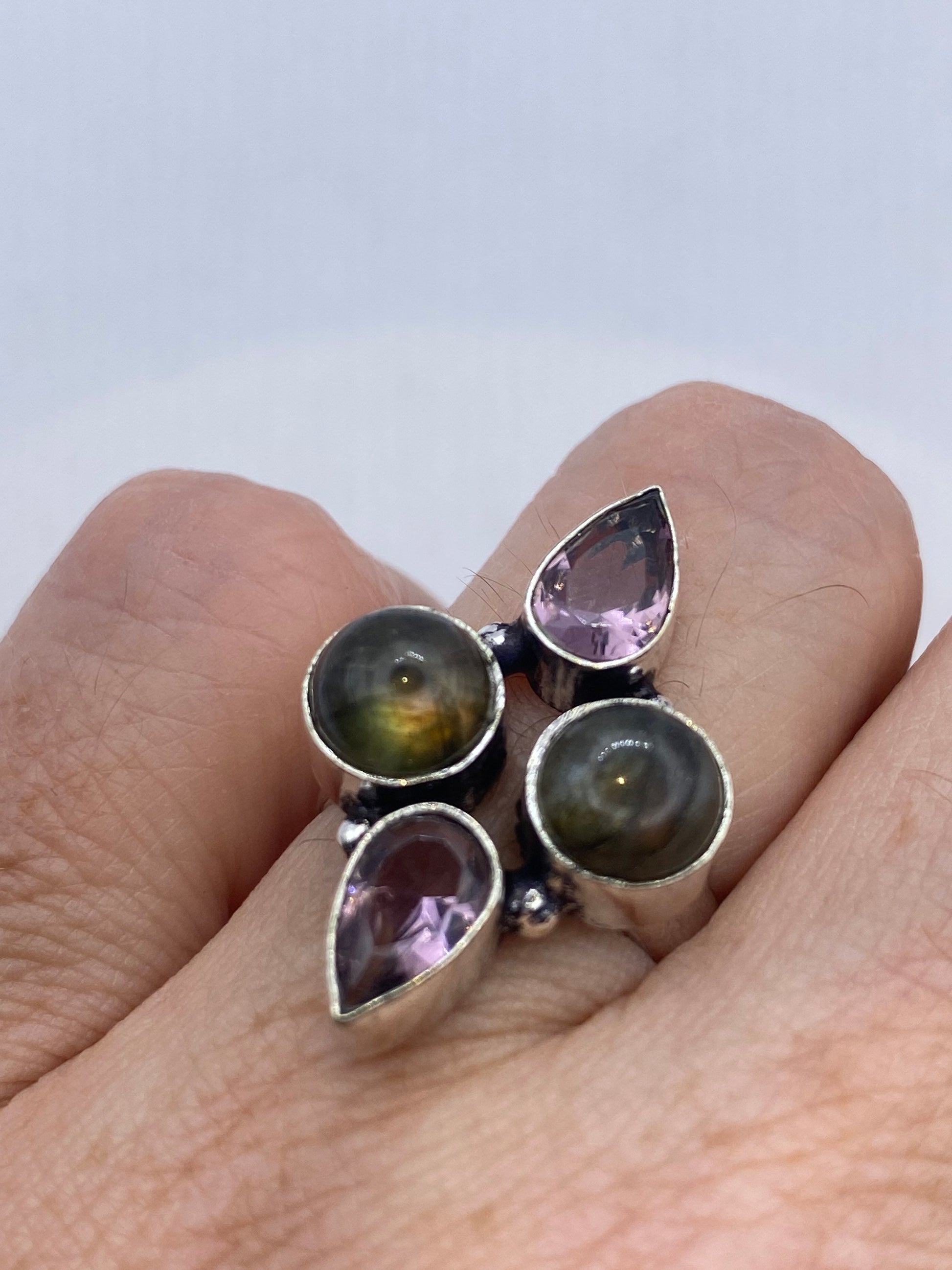 Vintage Rainbow Labradorite Amethyst Cocktail Ring