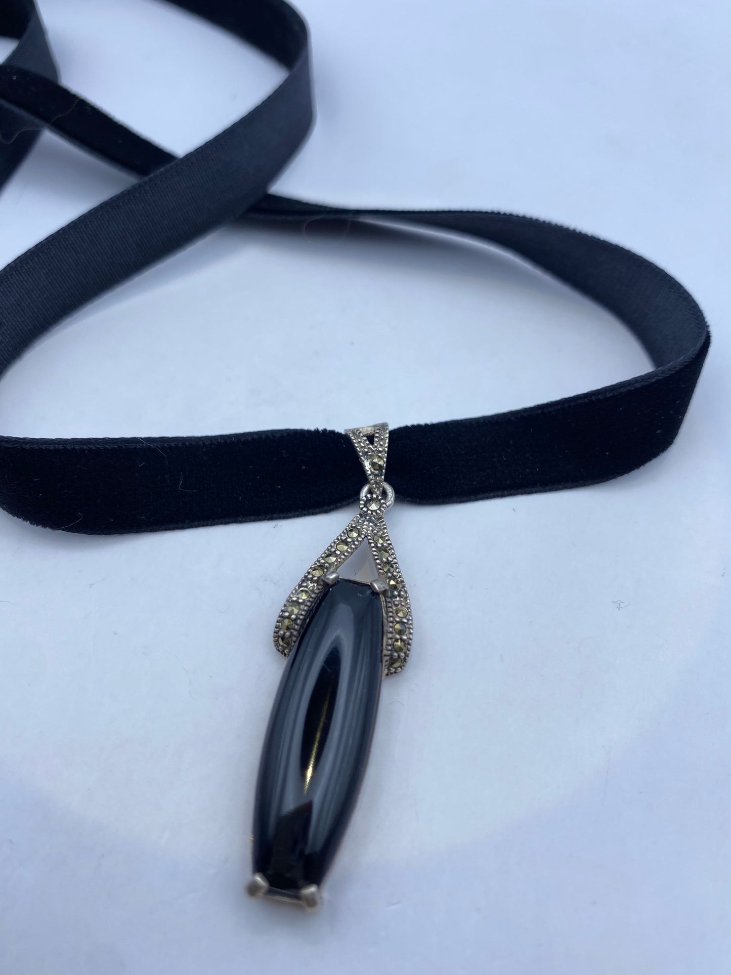 Vintage Marcasite Choker 925 Sterling Silver Black Onyx Pendant Necklace