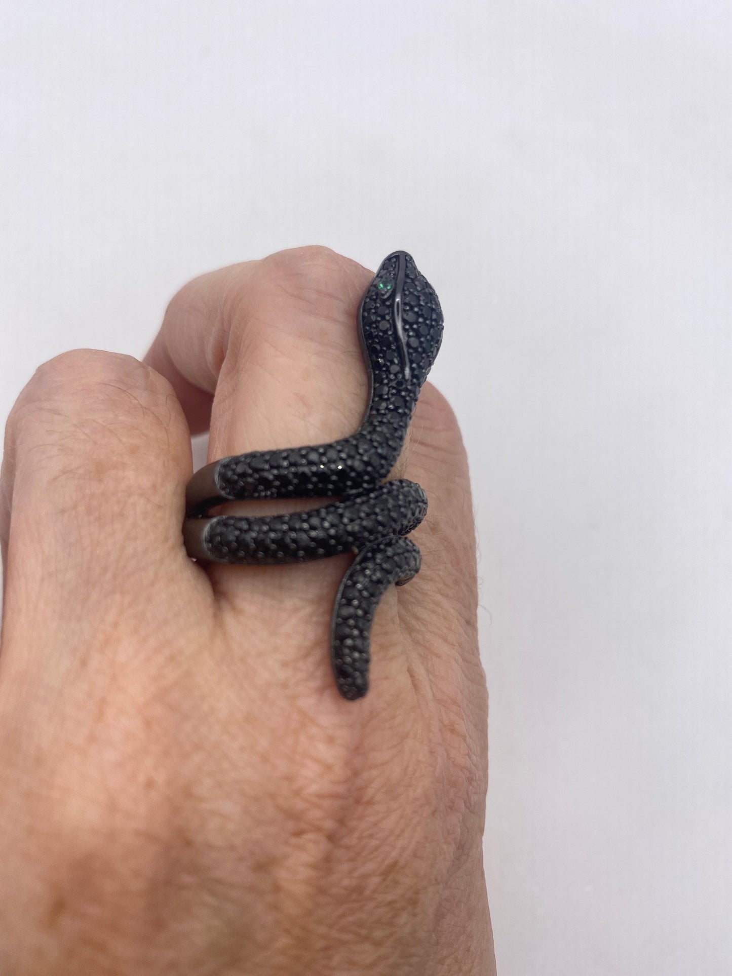 Vintage Snake Ring Sterling Silver Black Crystal
