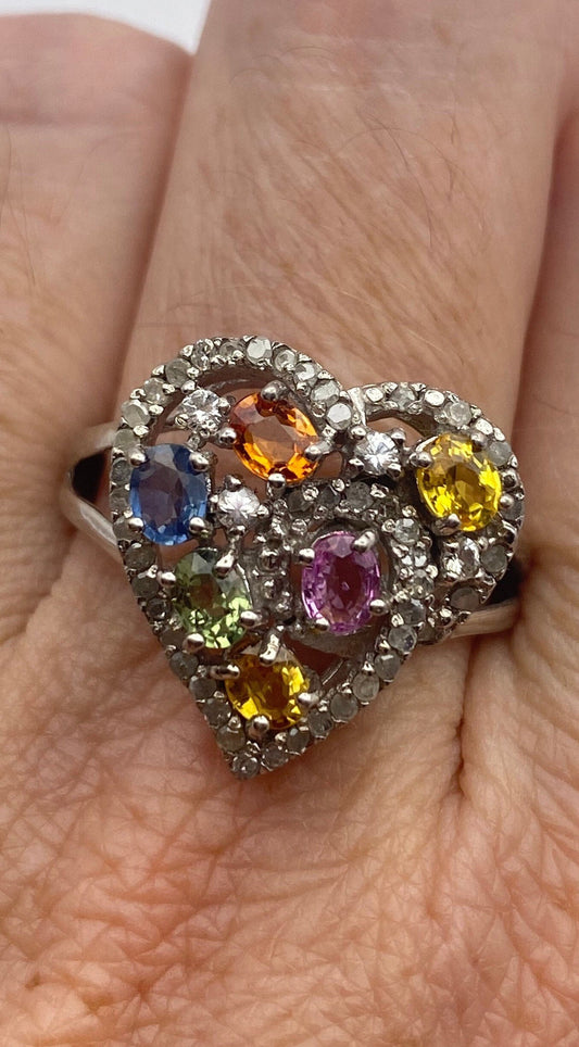 Vintage Mixed color Tourmaline and diamond 925 Sterling Silver Valentines Heart Ring