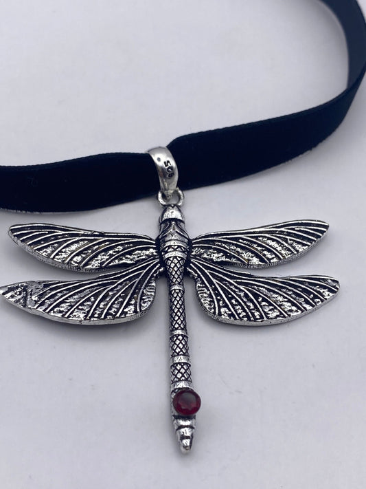 Vintage Dragonfly Choker Red Garnet Crystal Necklace