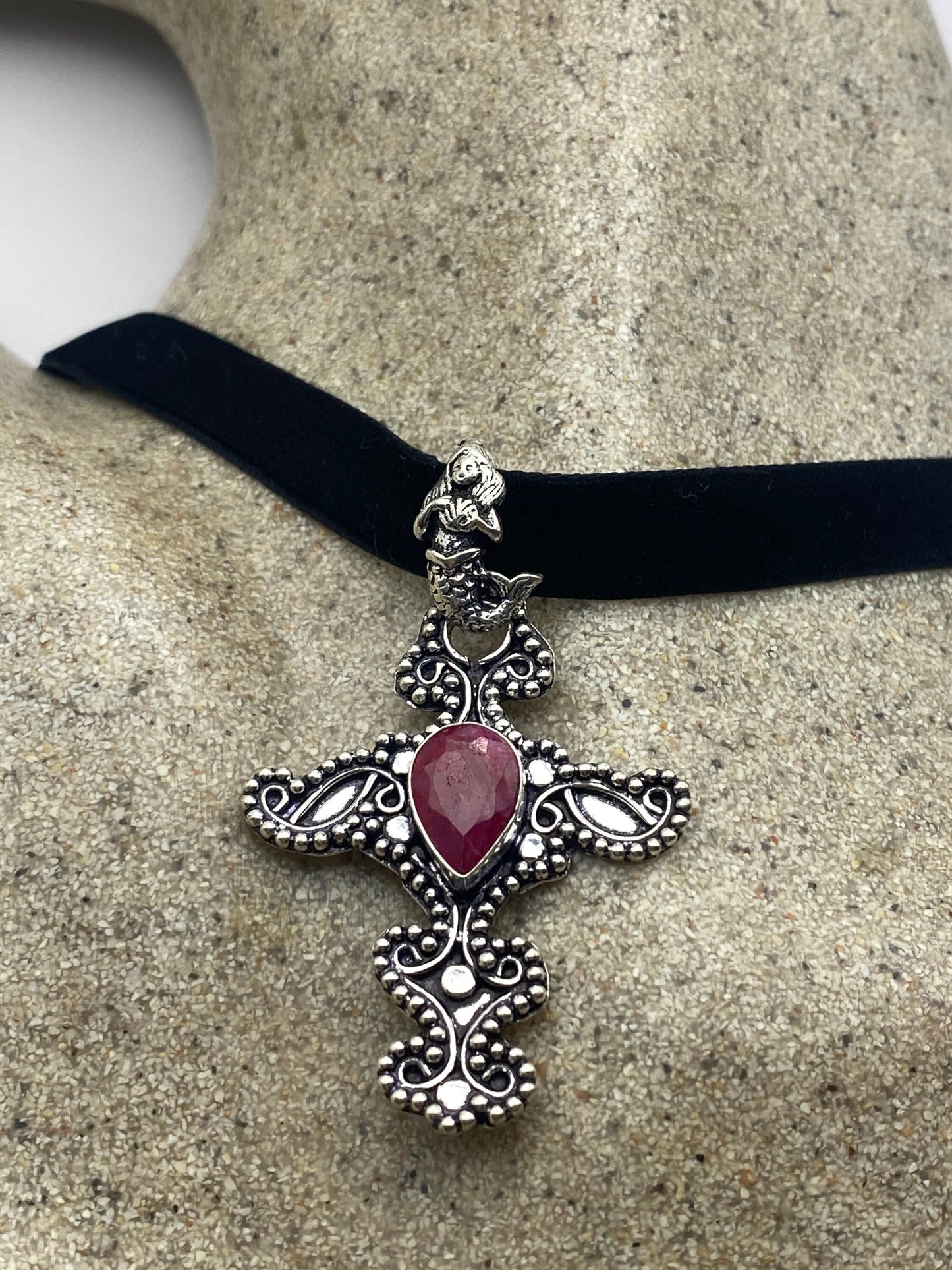 Vintage Raw Ruby Cross Choker White Bronze Pendant Necklace