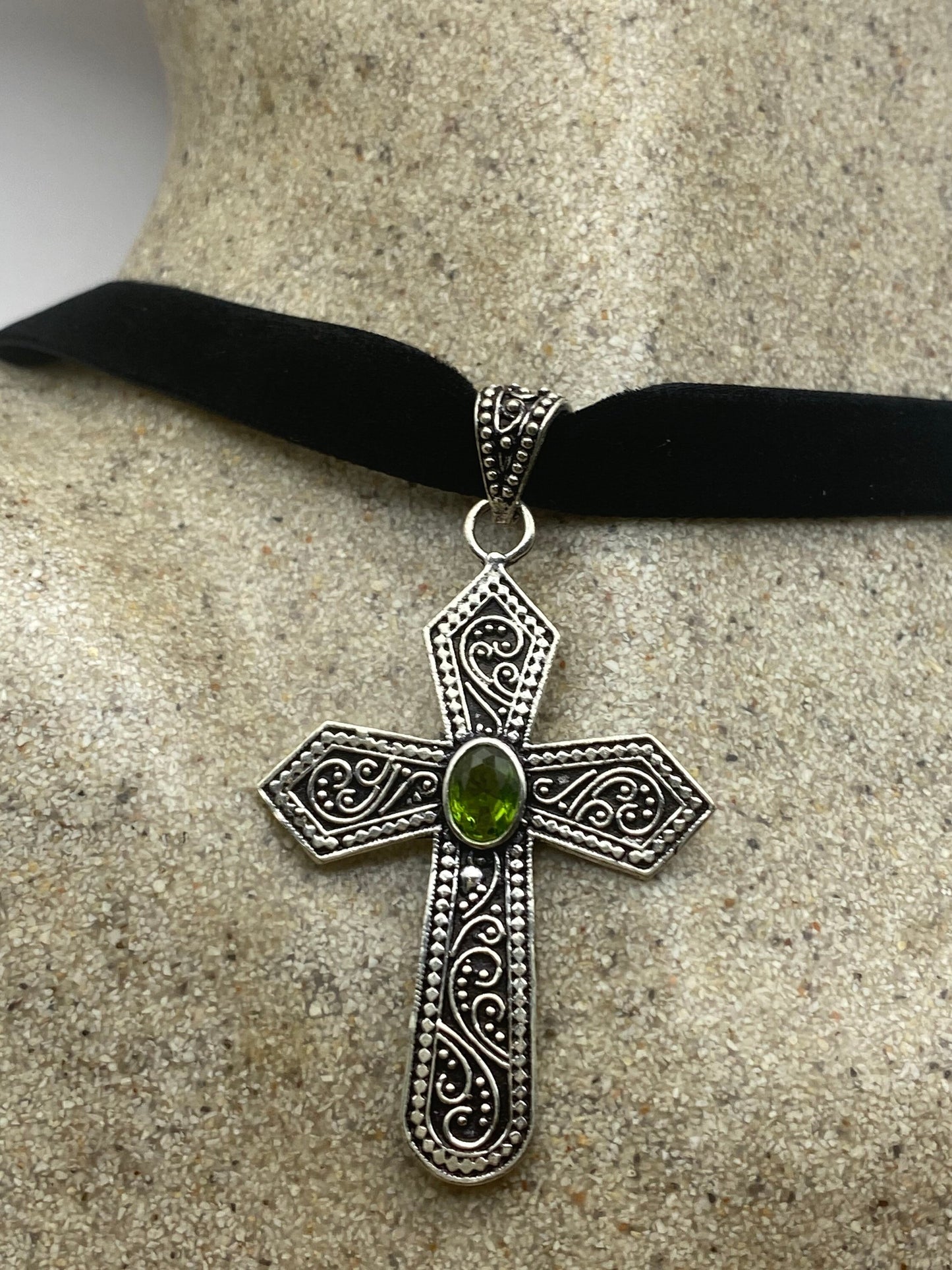 Vintage Green Peridot Bronze Silver Cross Pendant