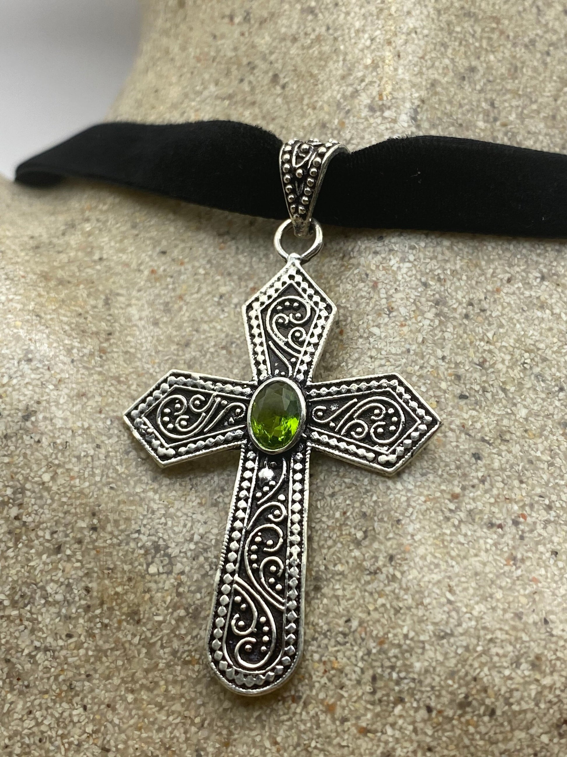 Vintage Green Peridot Bronze Silver Cross Pendant