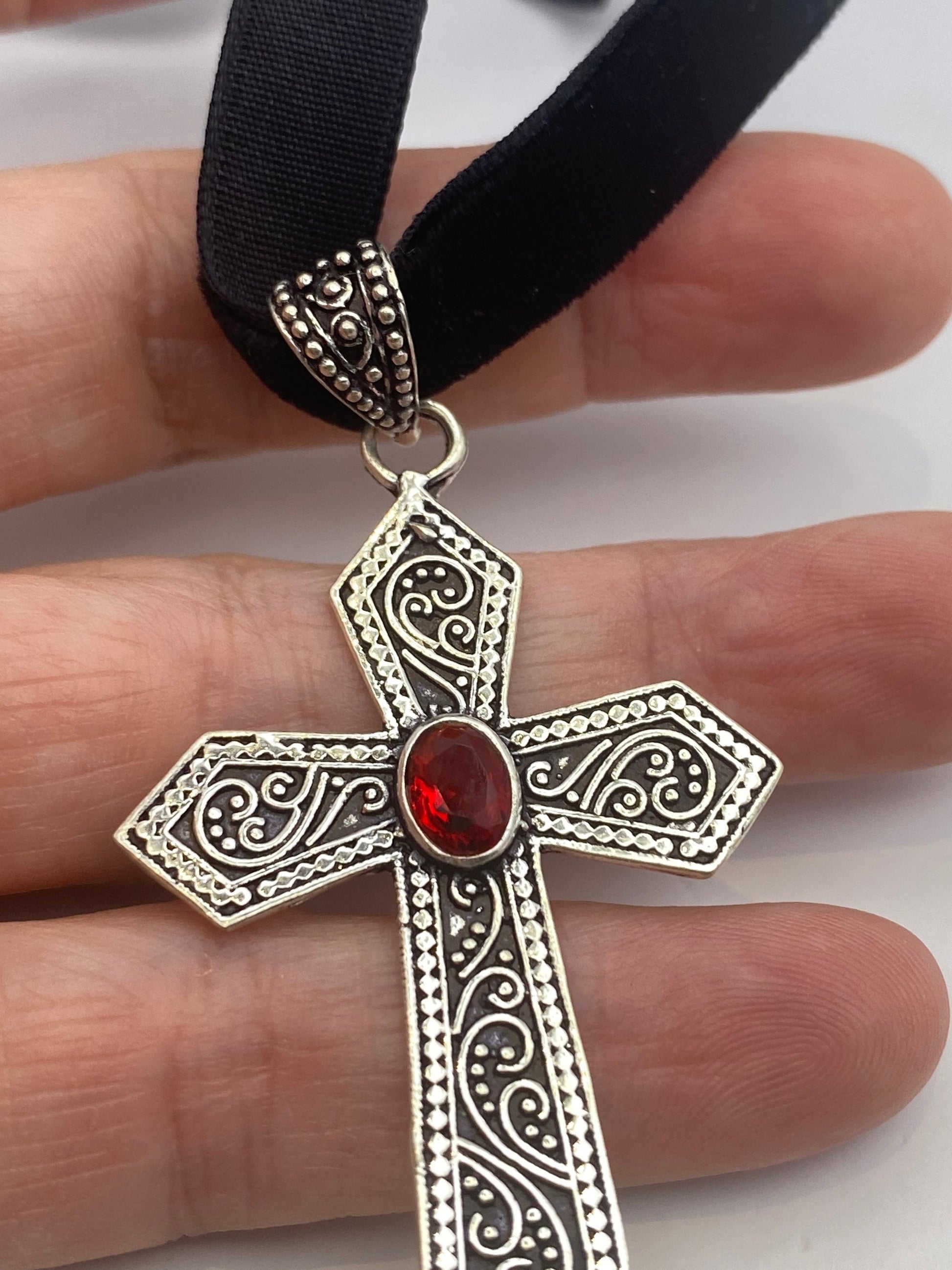 Vintage Red Garnet Glass Bronze Silver Cross Pendant