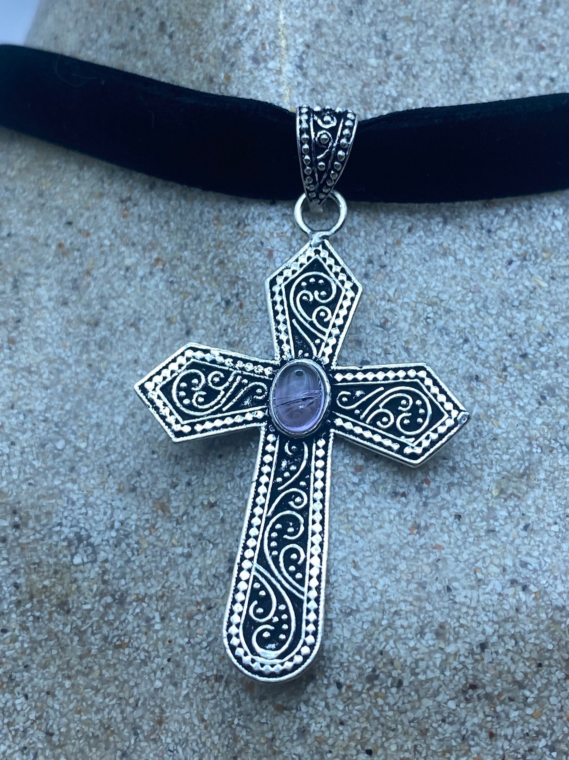 Vintage Purple Amethyst Bronze Silver Cross Pendant