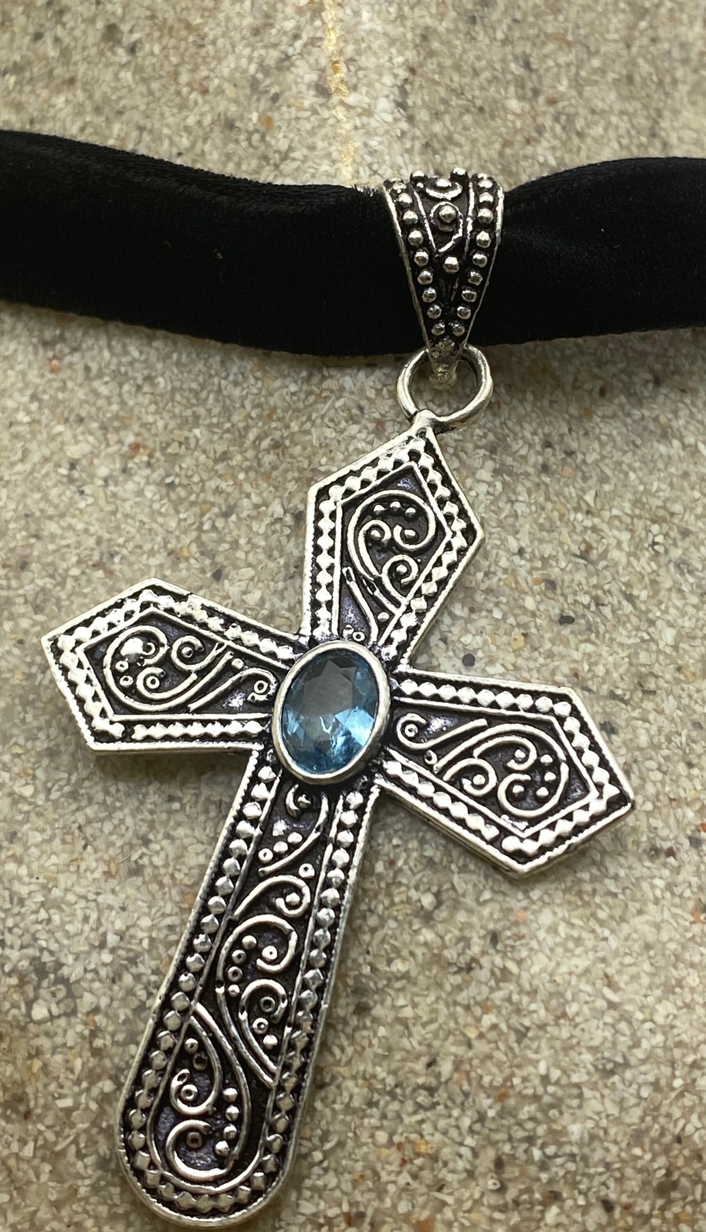 Vintage Blue Topaz Bronze Silver Cross Pendant