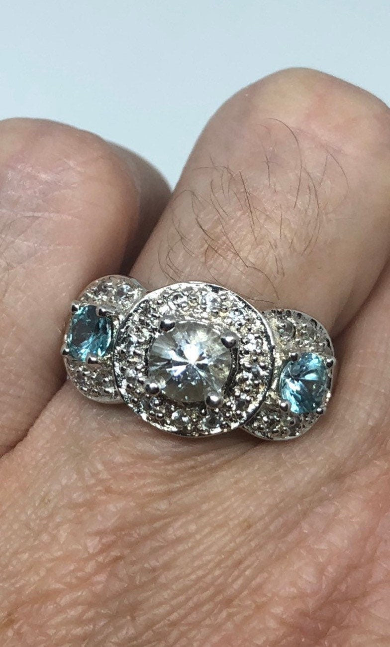 Vintage White Sapphire Blue Topaz 925 Sterling Silver Ring