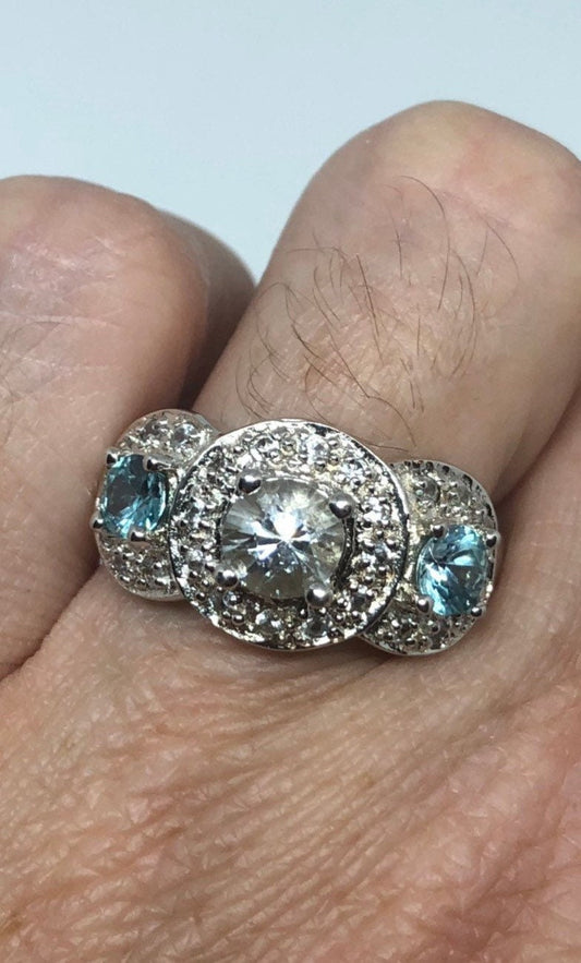 Vintage White Sapphire Blue Topaz 925 Sterling Silver Ring