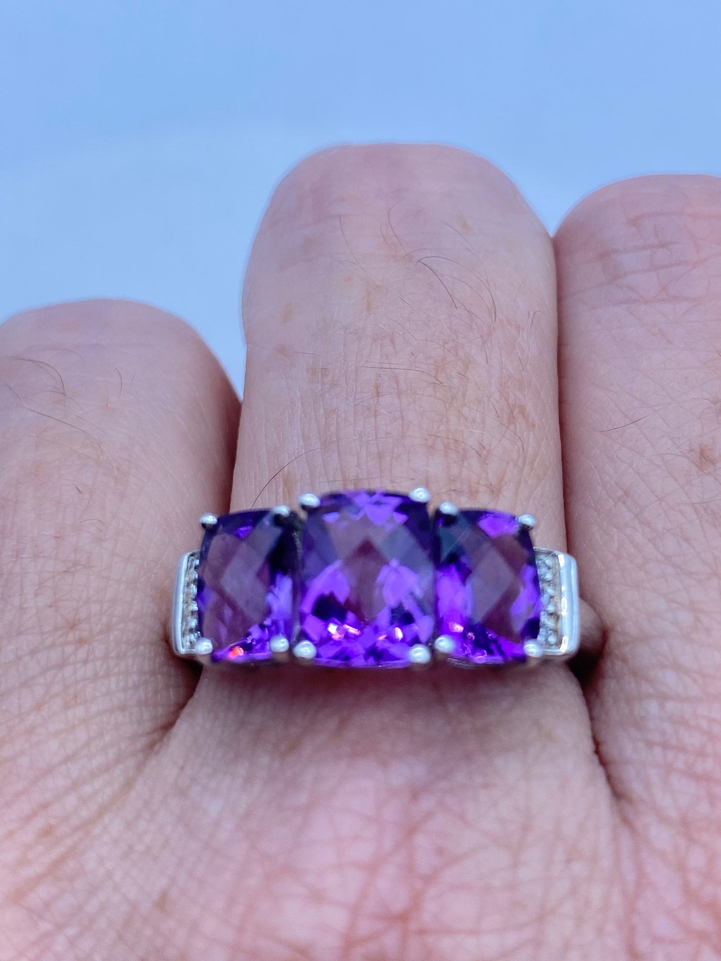 Vintage Purple Amethyst and Diamond Ring Deco 925 Sterling Silver