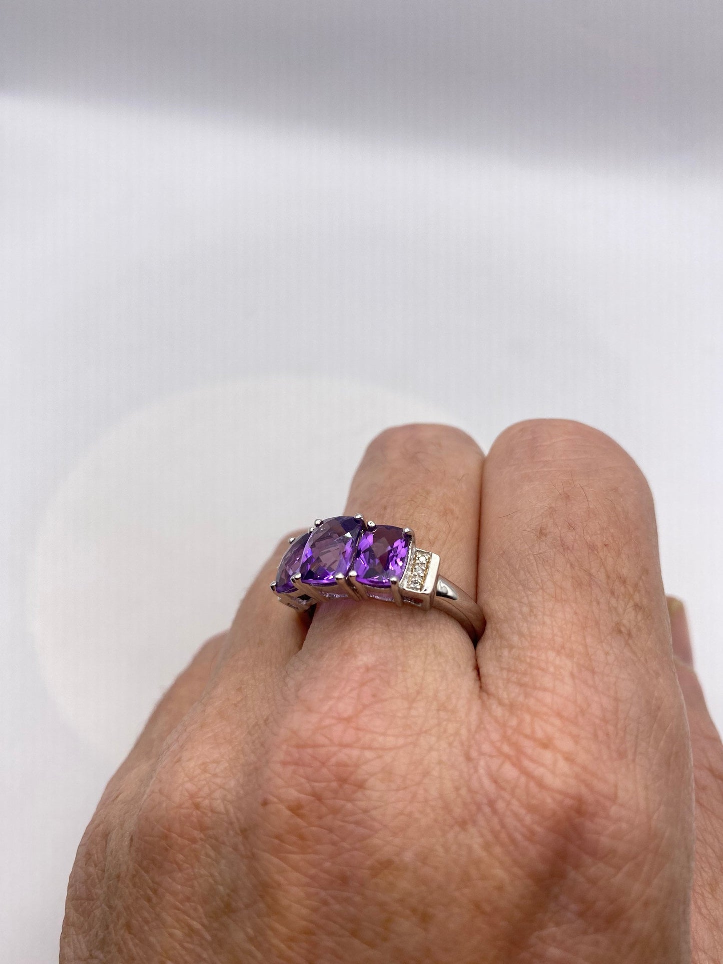 Vintage Purple Amethyst and Diamond Ring Deco 925 Sterling Silver