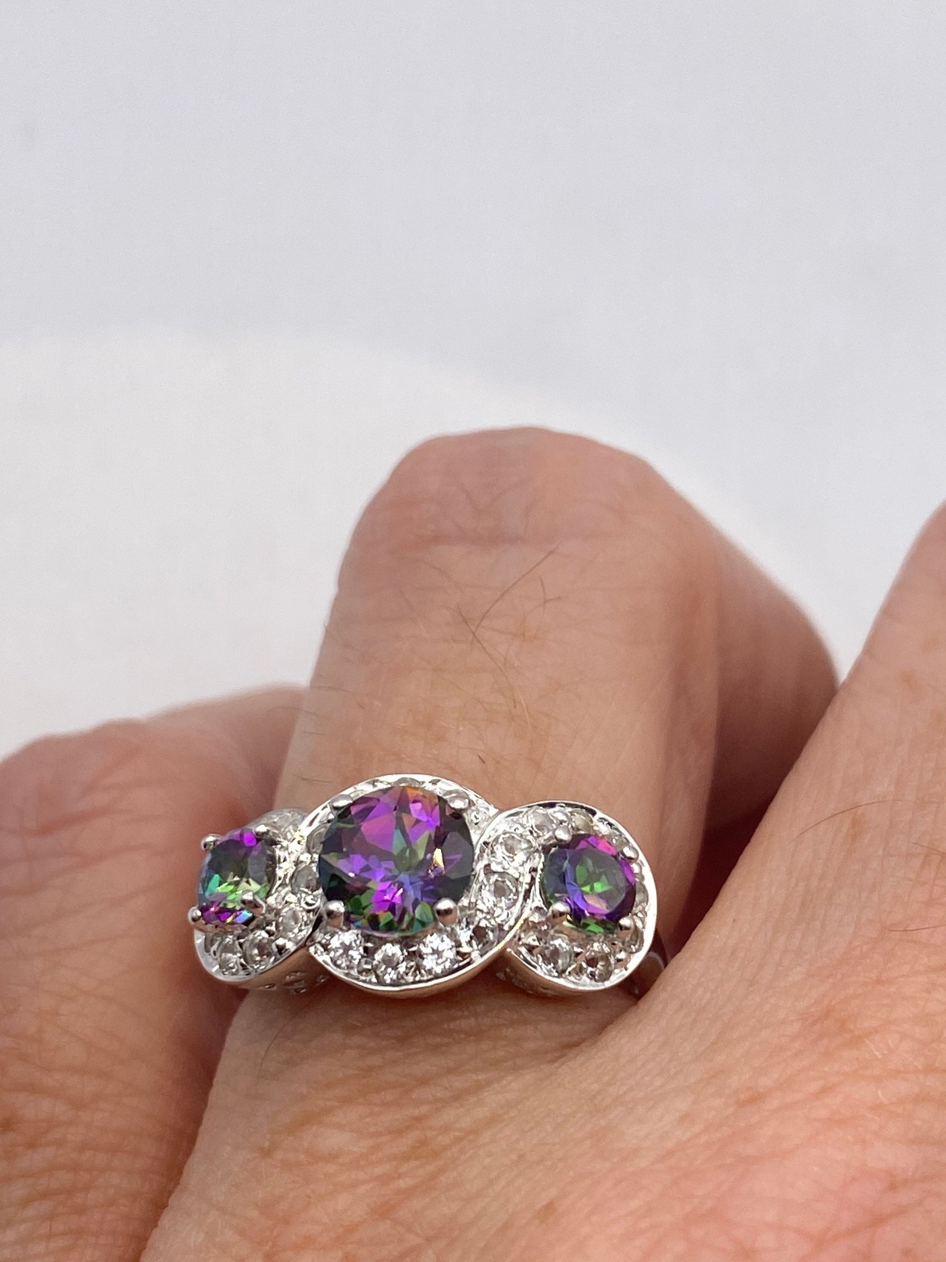 Vintage Genuine Mystic Blue Topaz Golden 925 Sterling Silver Ring