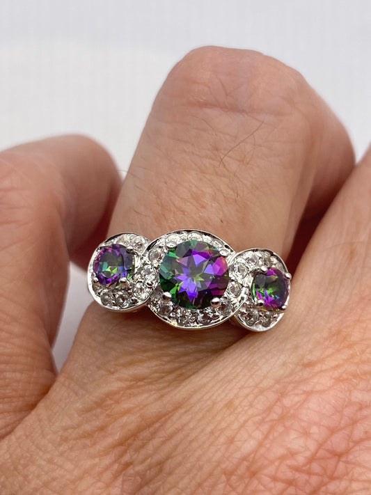Vintage Genuine Mystic Blue Topaz Golden 925 Sterling Silver Ring