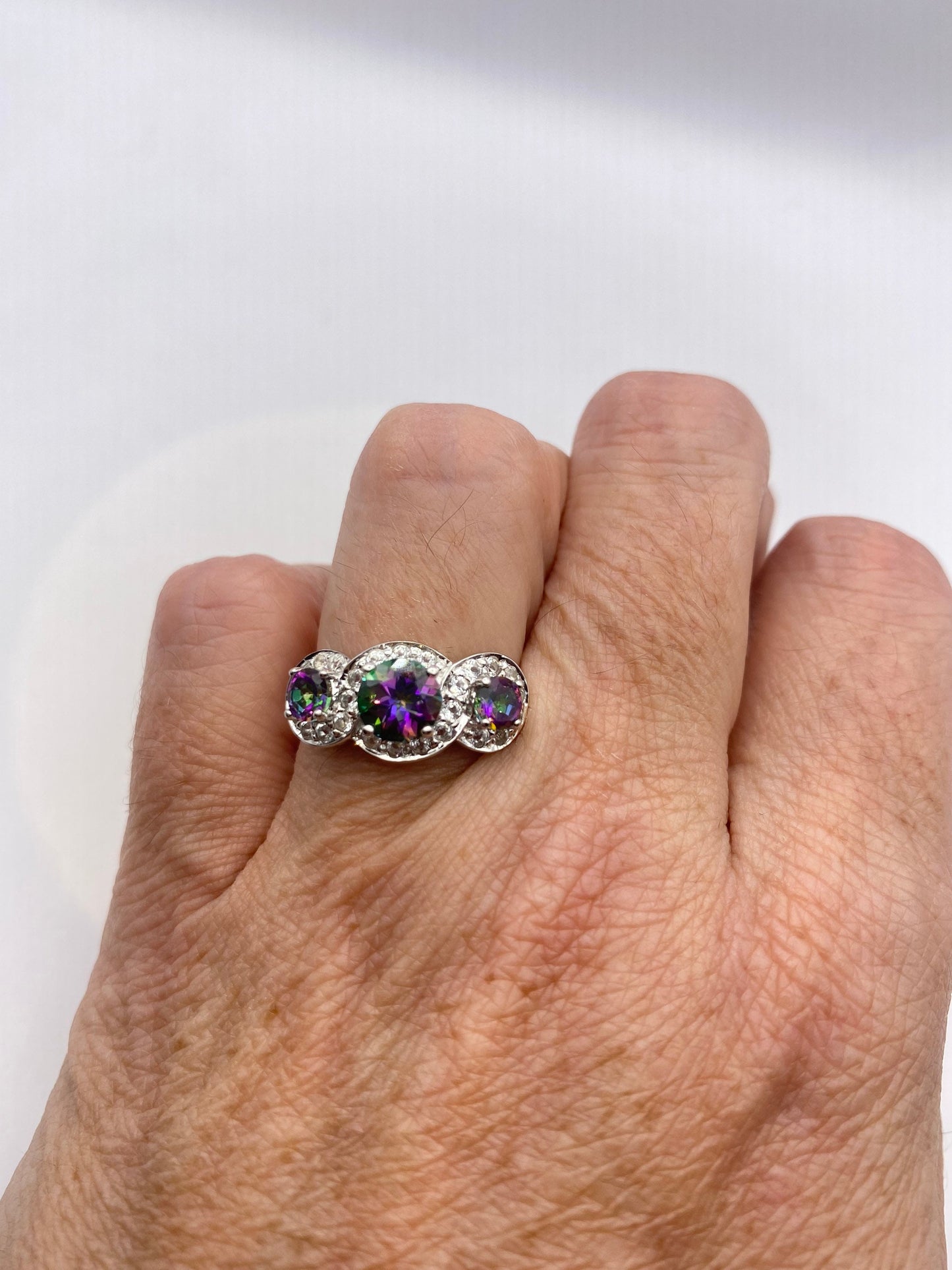 Vintage Genuine Mystic Blue Topaz Golden 925 Sterling Silver Ring