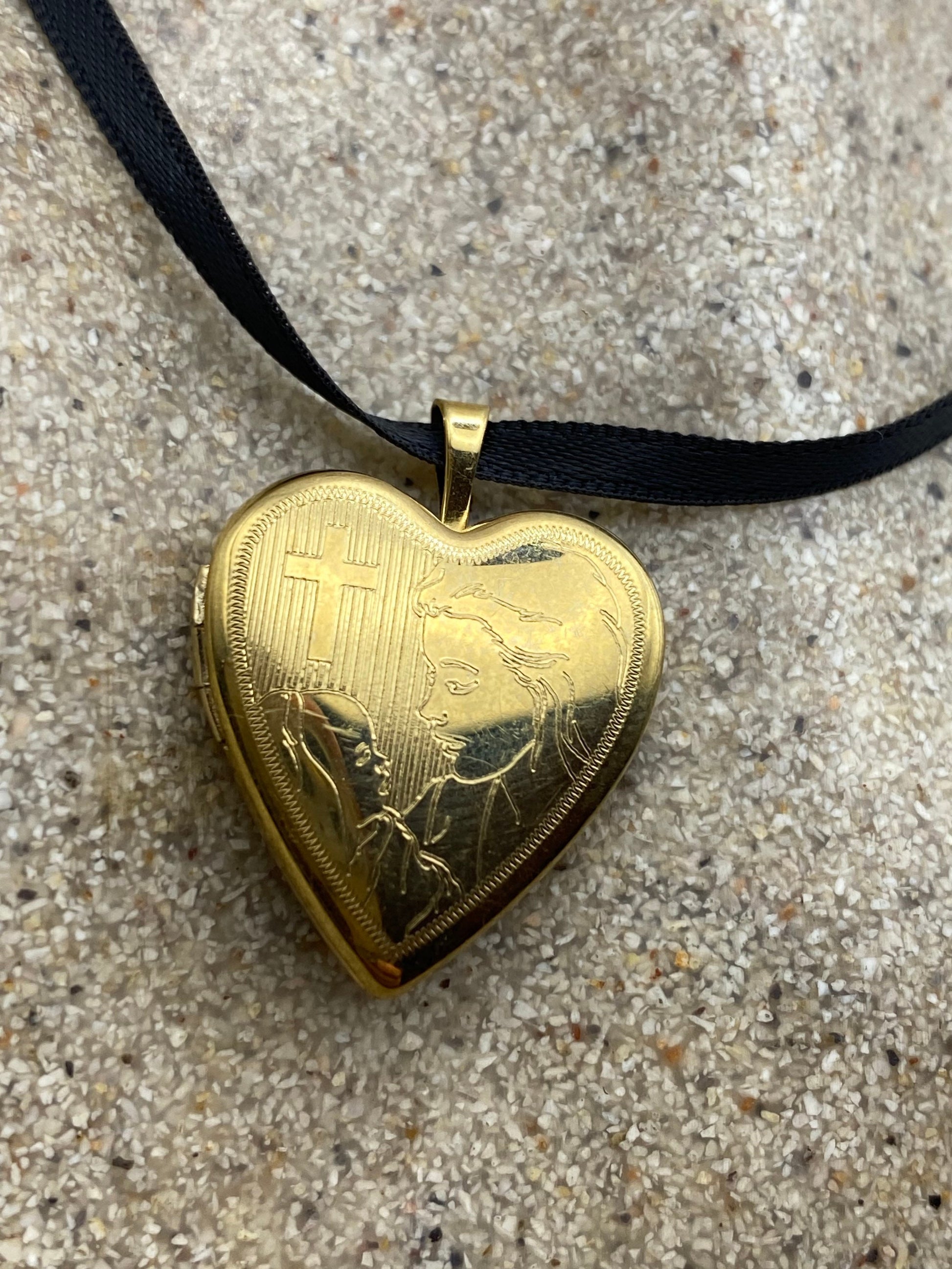 Vintage Gold Filled Heart Locket Choker | Engraved Religious Charm