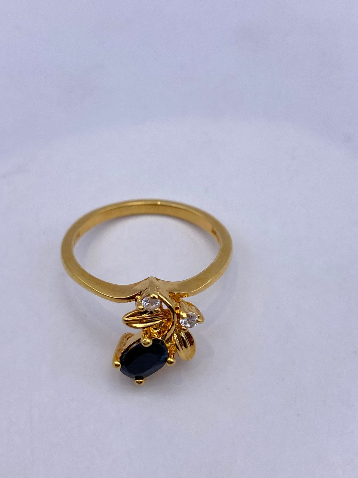 Vintage Blue Sapphire with Diamond Ring Golden 925 Sterling Silver