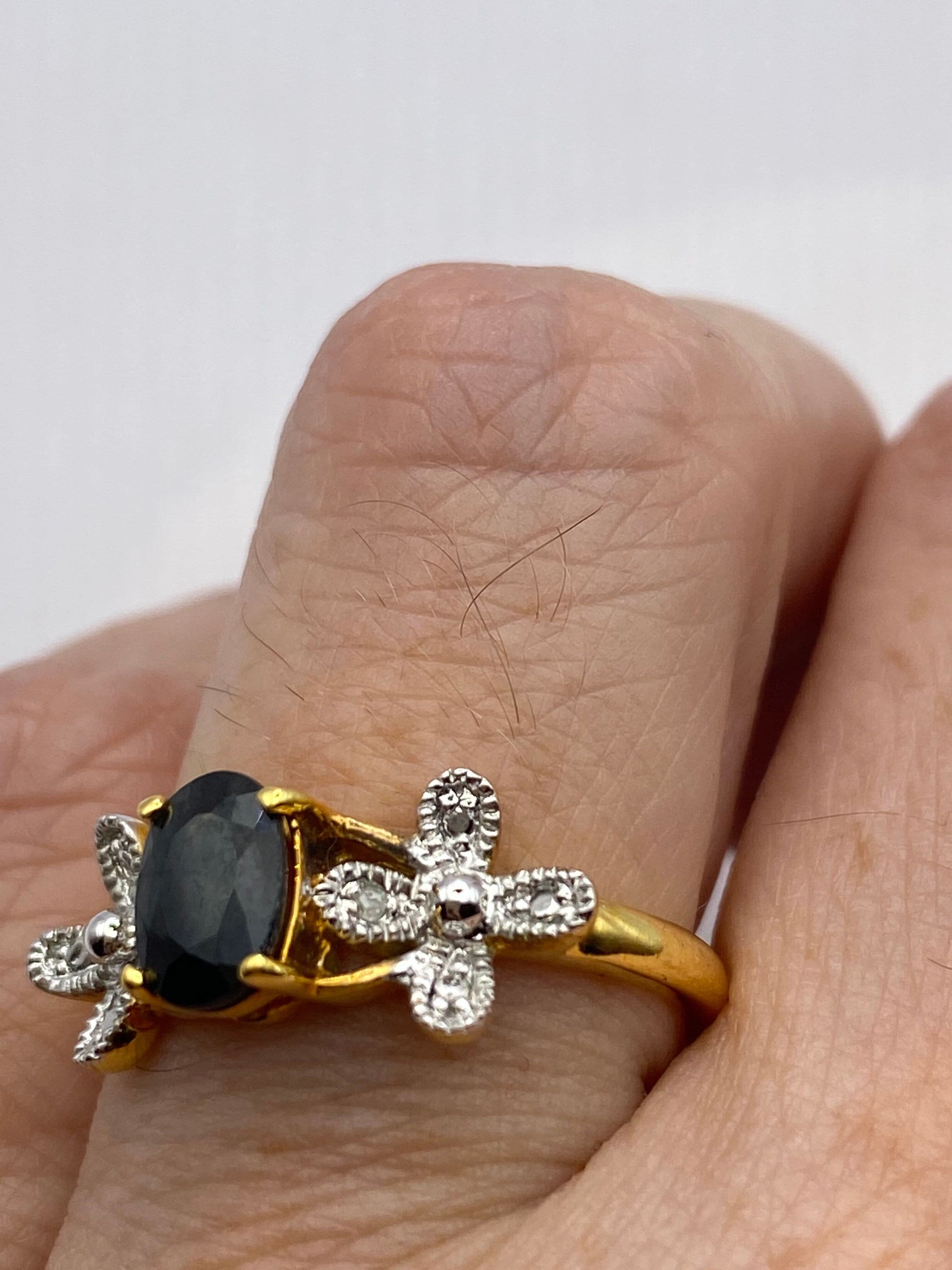 Vintage Blue Sapphire with Diamond Ring Golden 925 Sterling Silver