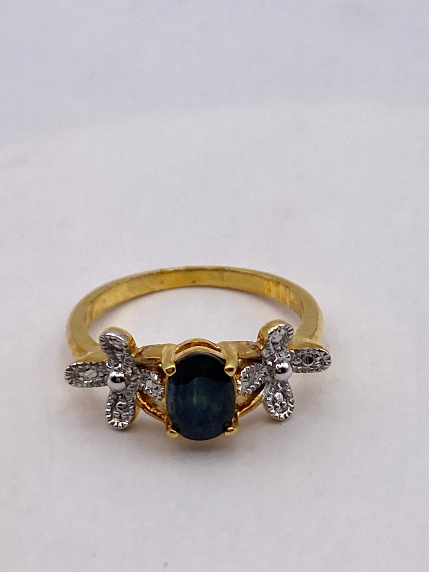 Vintage Blue Sapphire with Diamond Ring Golden 925 Sterling Silver