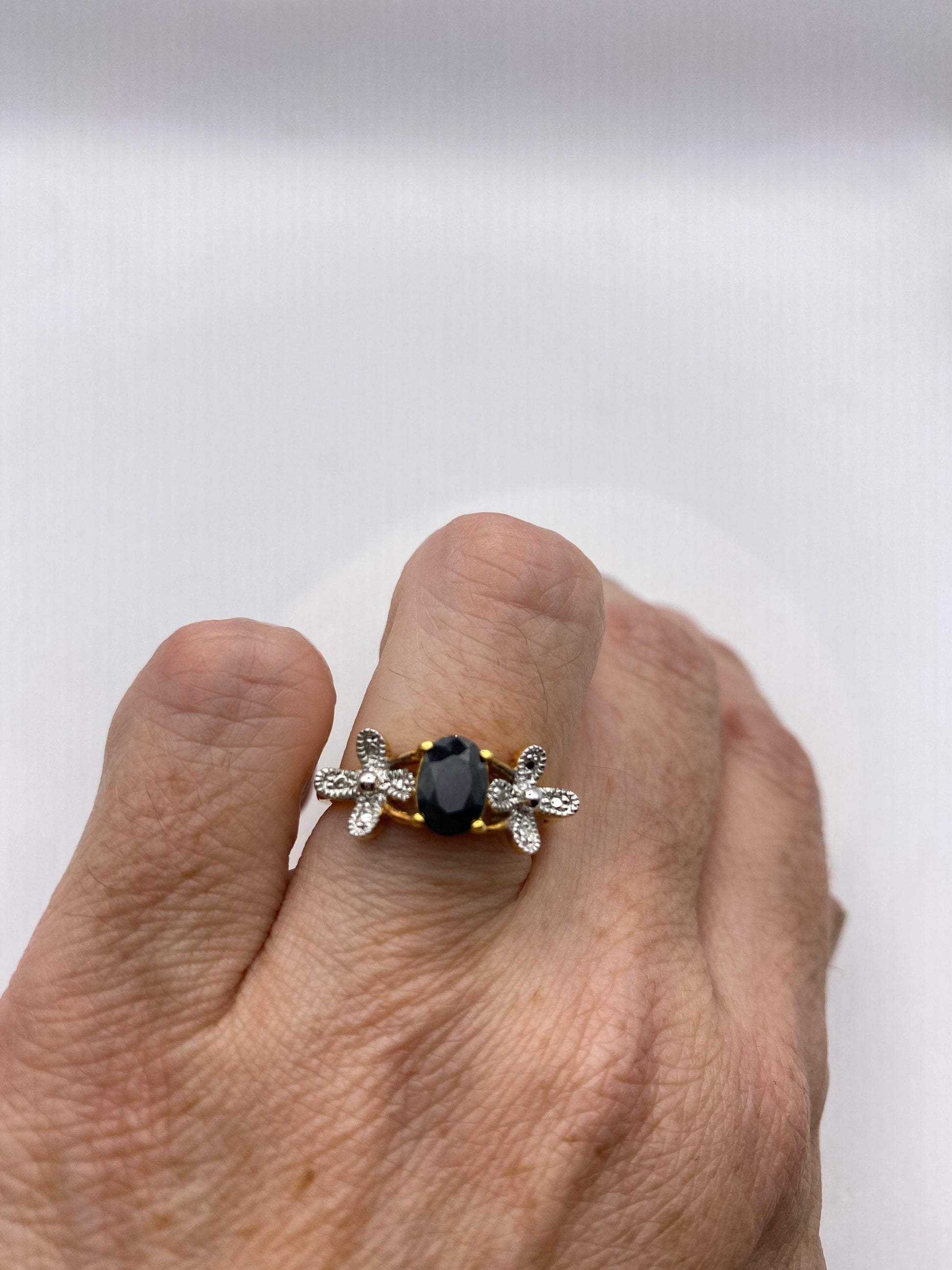 Vintage Blue Sapphire with Diamond Ring Golden 925 Sterling Silver
