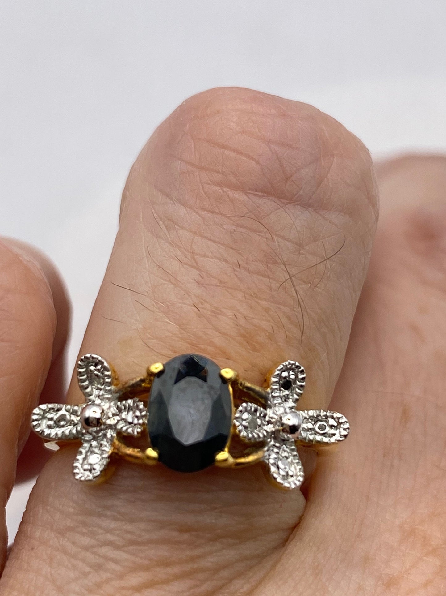 Vintage Blue Sapphire with Diamond Ring Golden 925 Sterling Silver