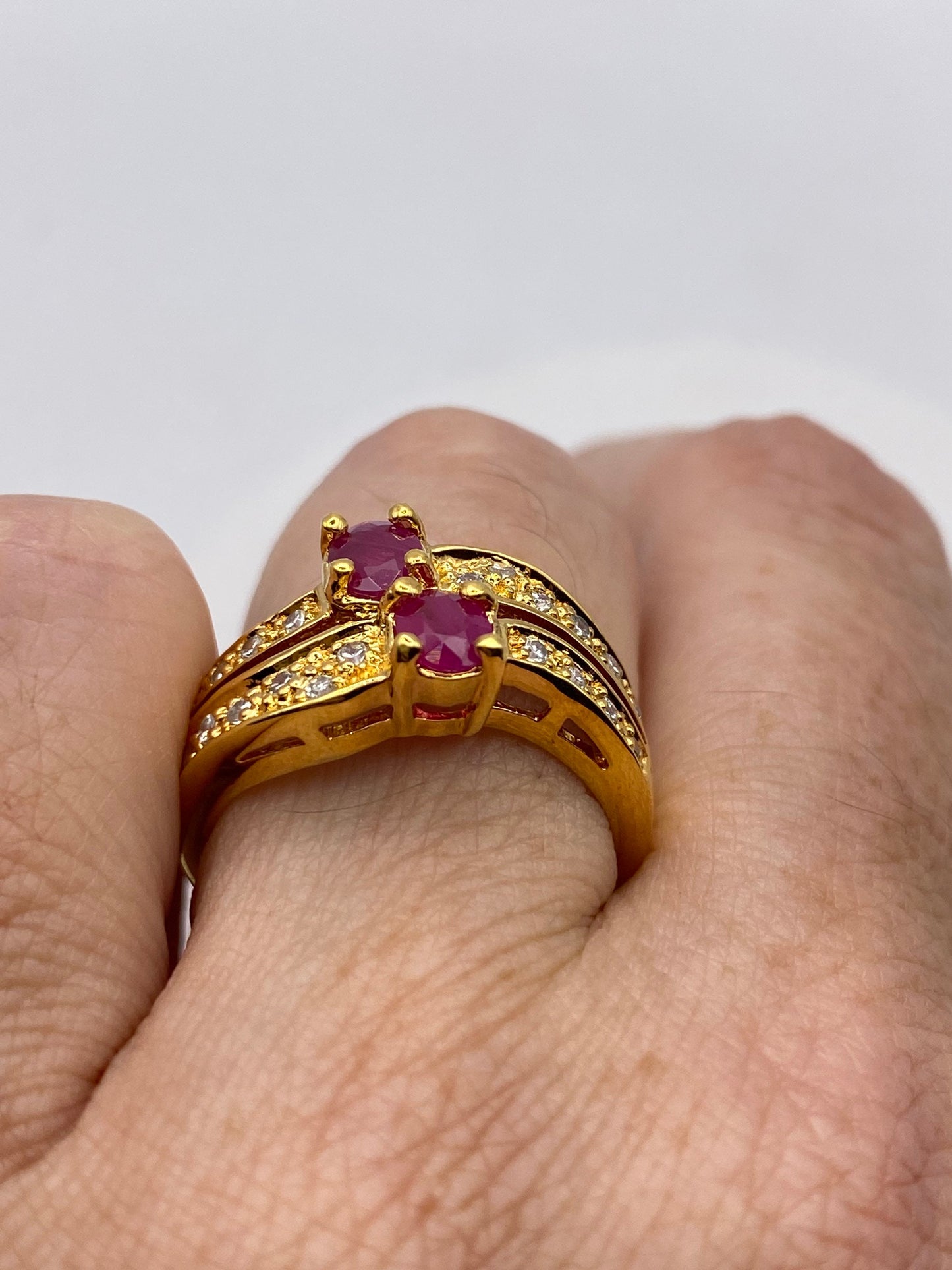 Vintage Red Ruby with Diamond Ring Golden 925 Sterling Silver