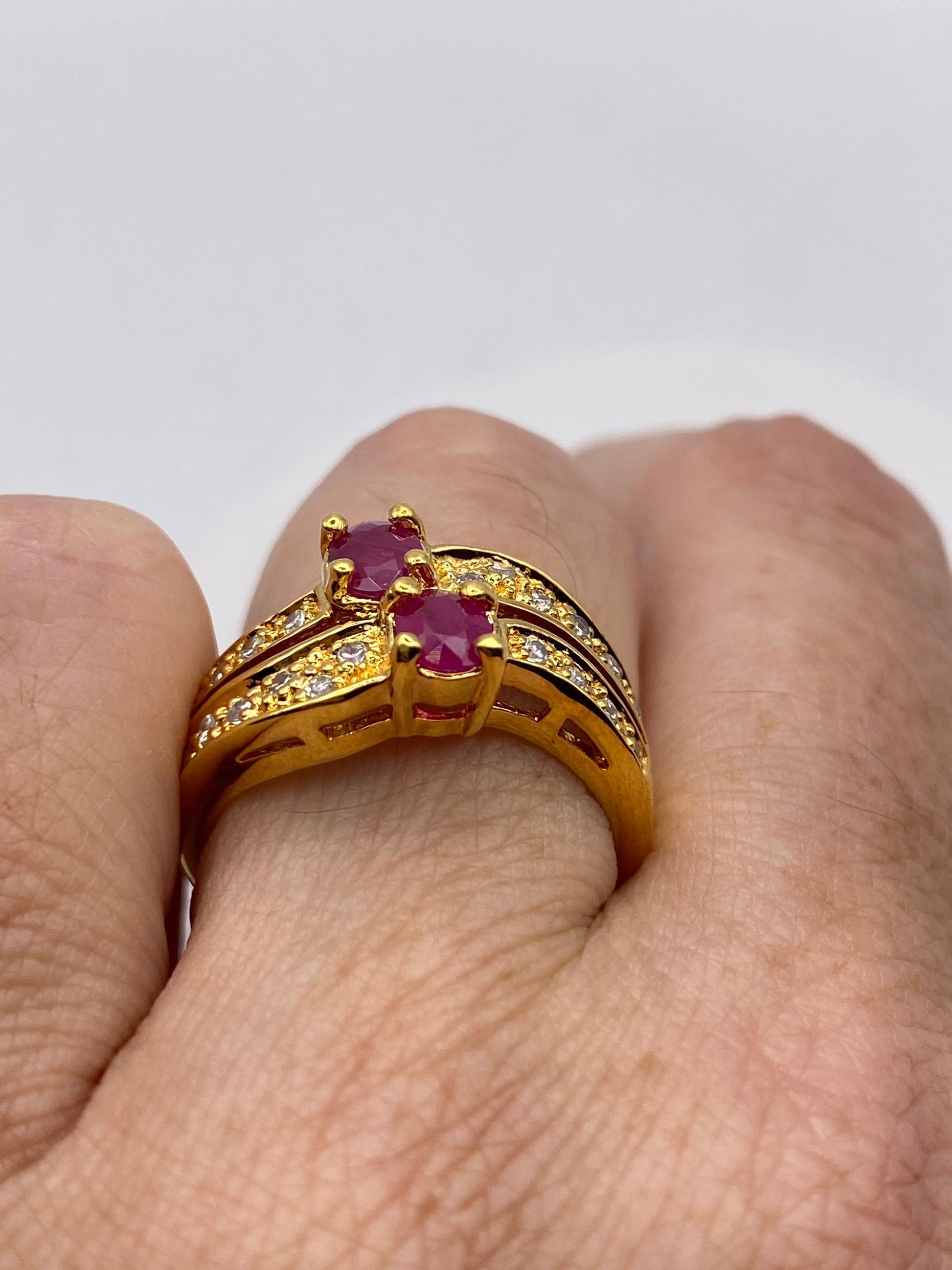 Vintage Red Ruby with Diamond Ring Golden 925 Sterling Silver
