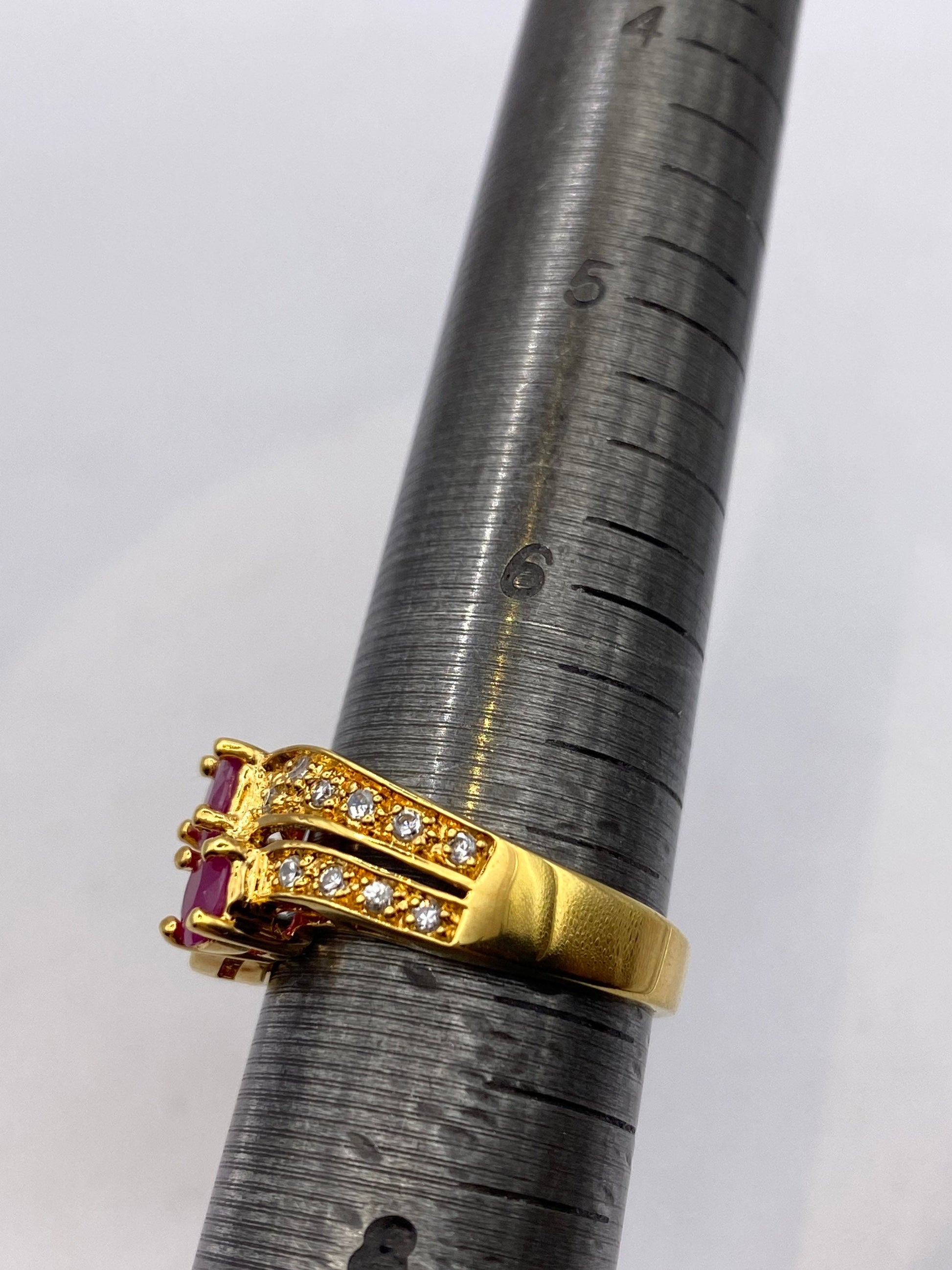 Vintage Red Ruby with Diamond Ring Golden 925 Sterling Silver