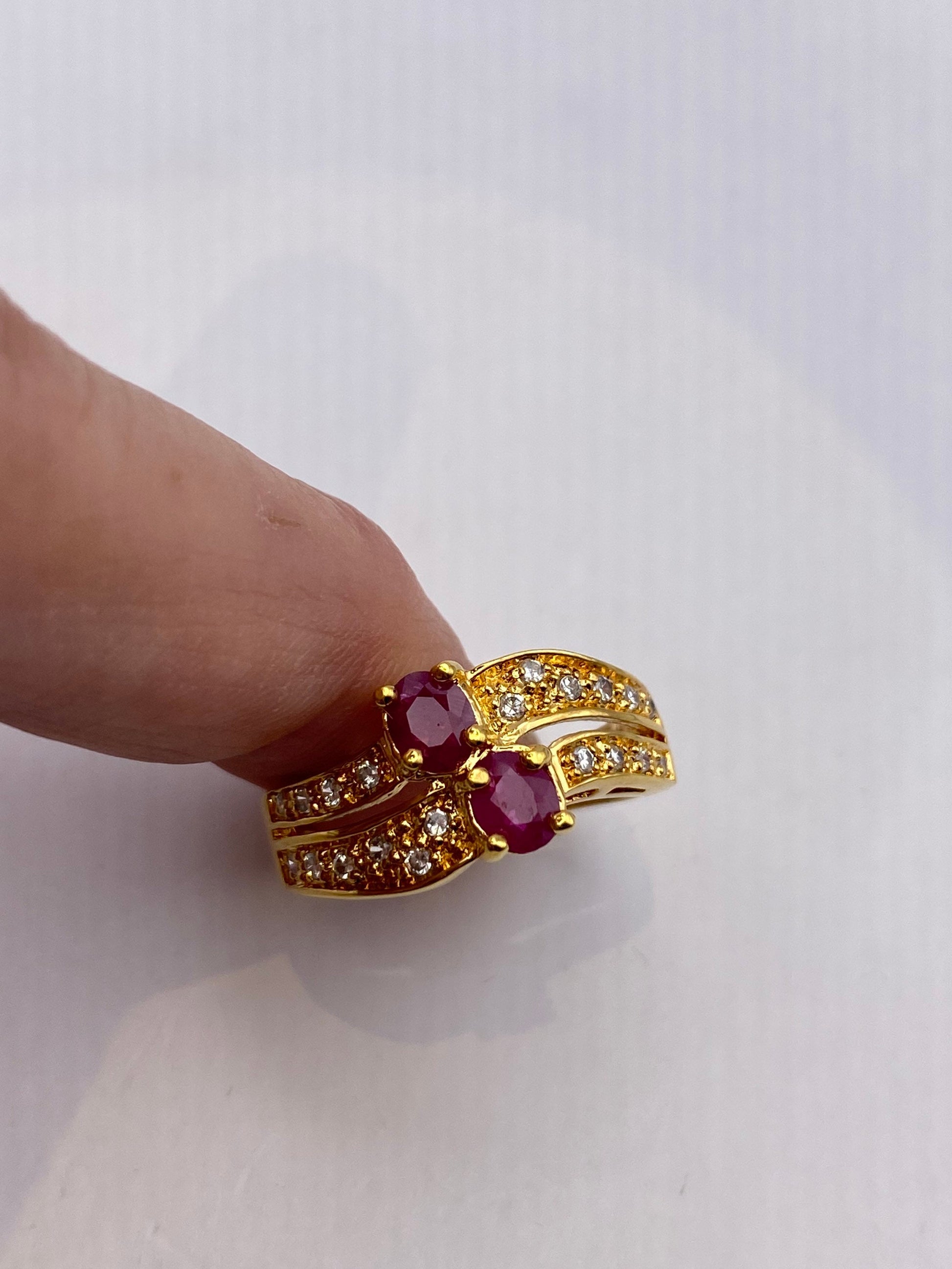 Vintage Red Ruby with Diamond Ring Golden 925 Sterling Silver