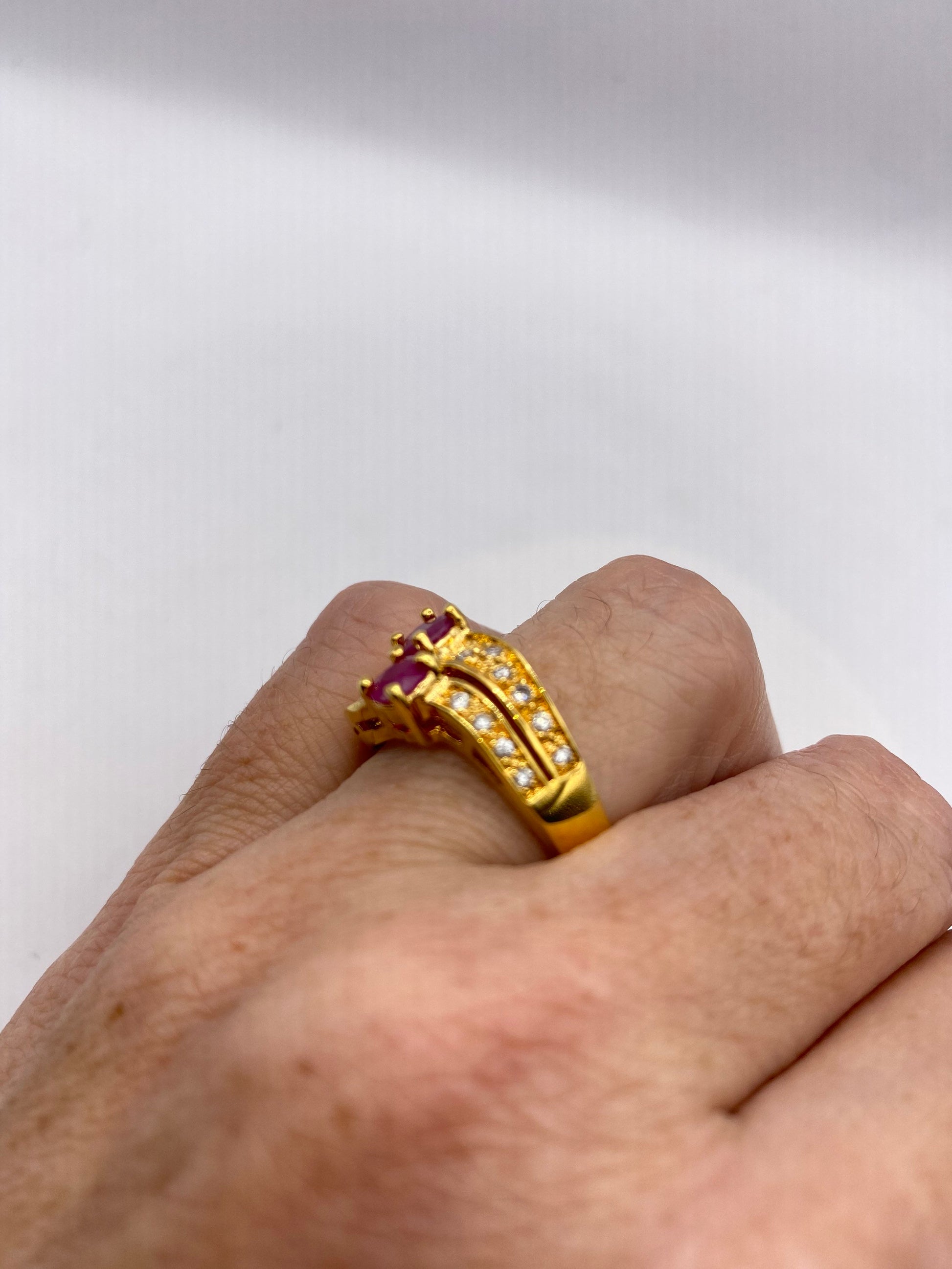 Vintage Red Ruby with Diamond Ring Golden 925 Sterling Silver