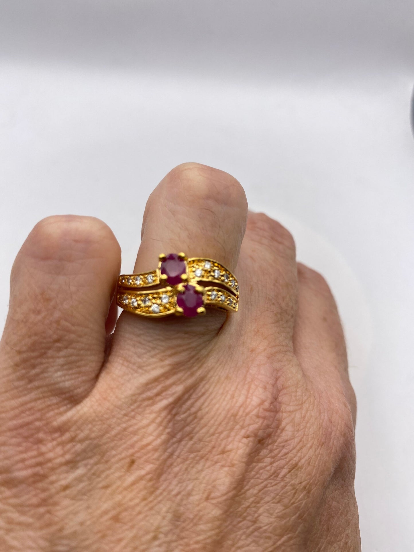 Vintage Red Ruby with Diamond Ring Golden 925 Sterling Silver