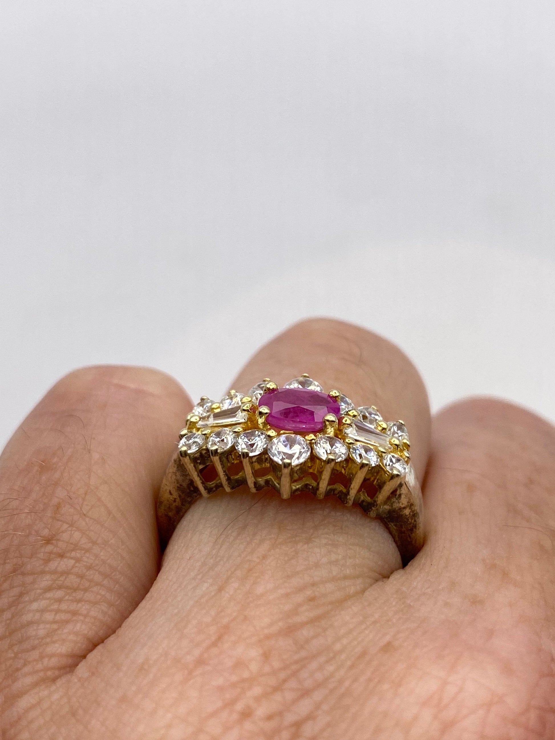 Vintage Red Ruby Ring white sapphire Golden 925 Sterling Silver