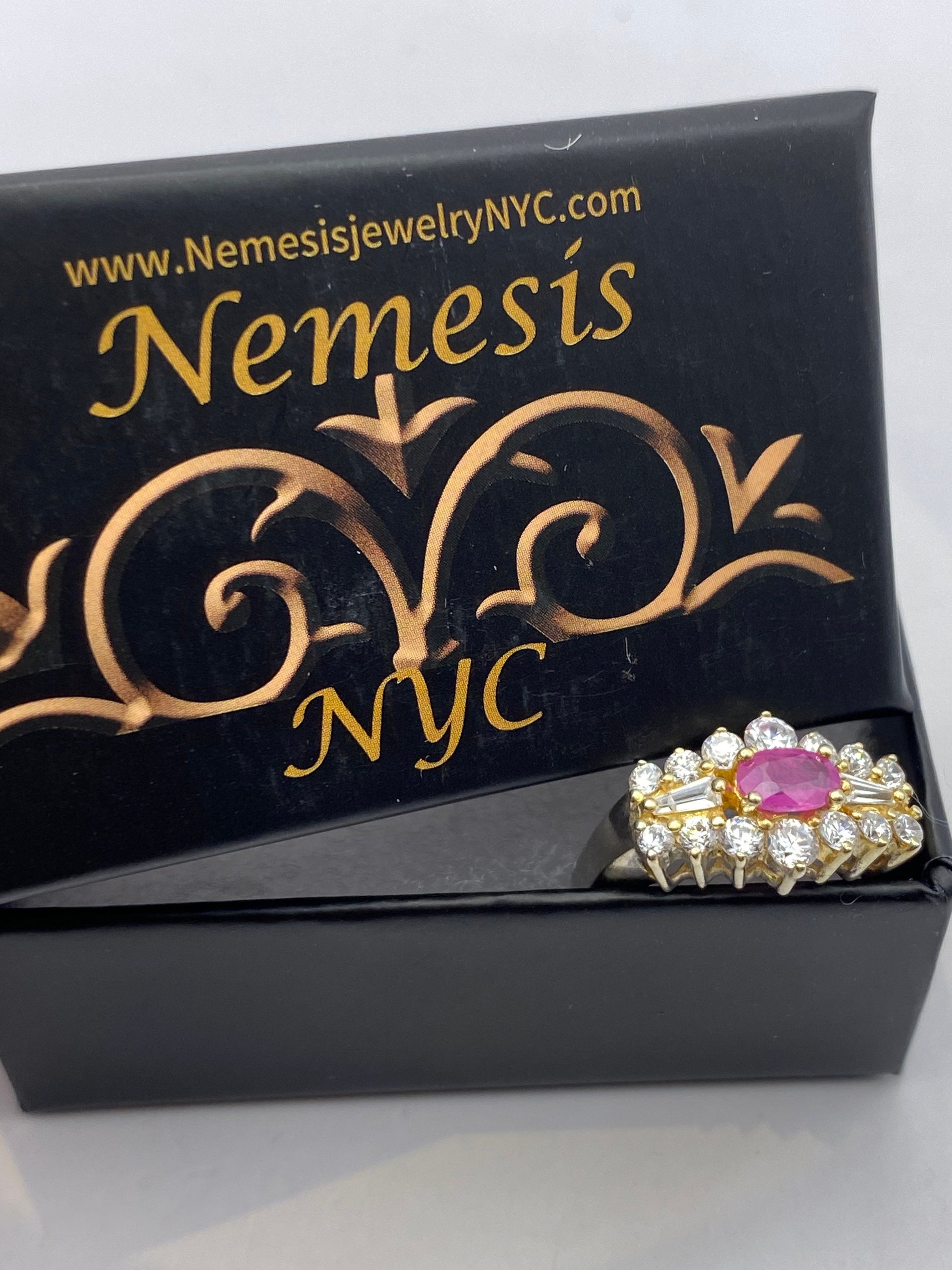 Vintage Red Ruby Ring white sapphire Golden 925 Sterling Silver
