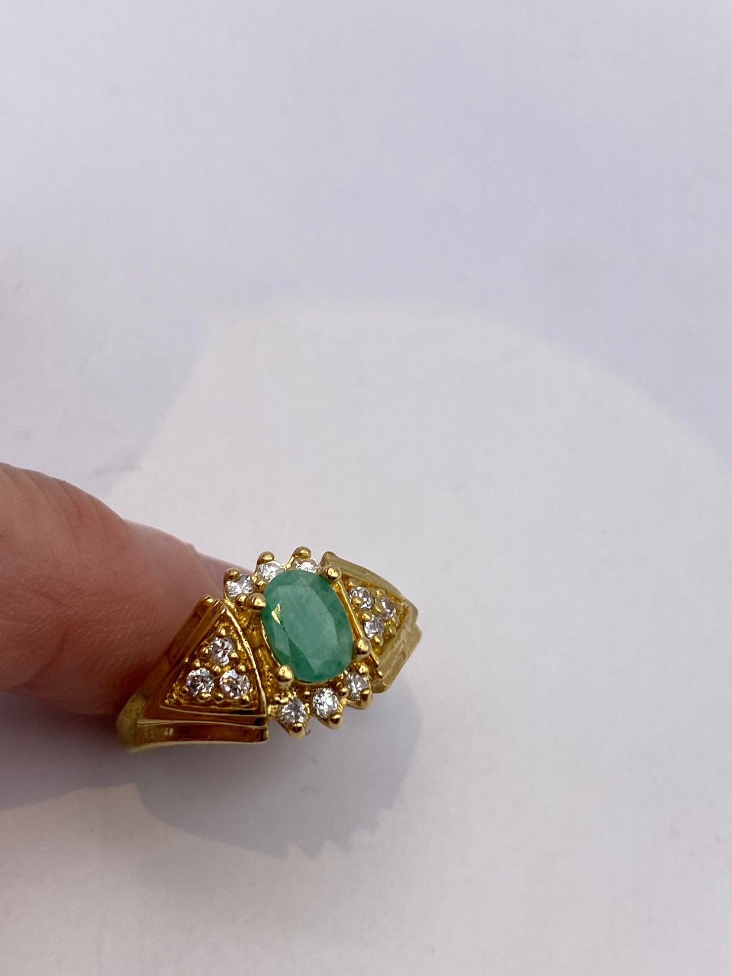 Vintage Green Emerald with Diamond Ring Golden 925 Sterling Silver