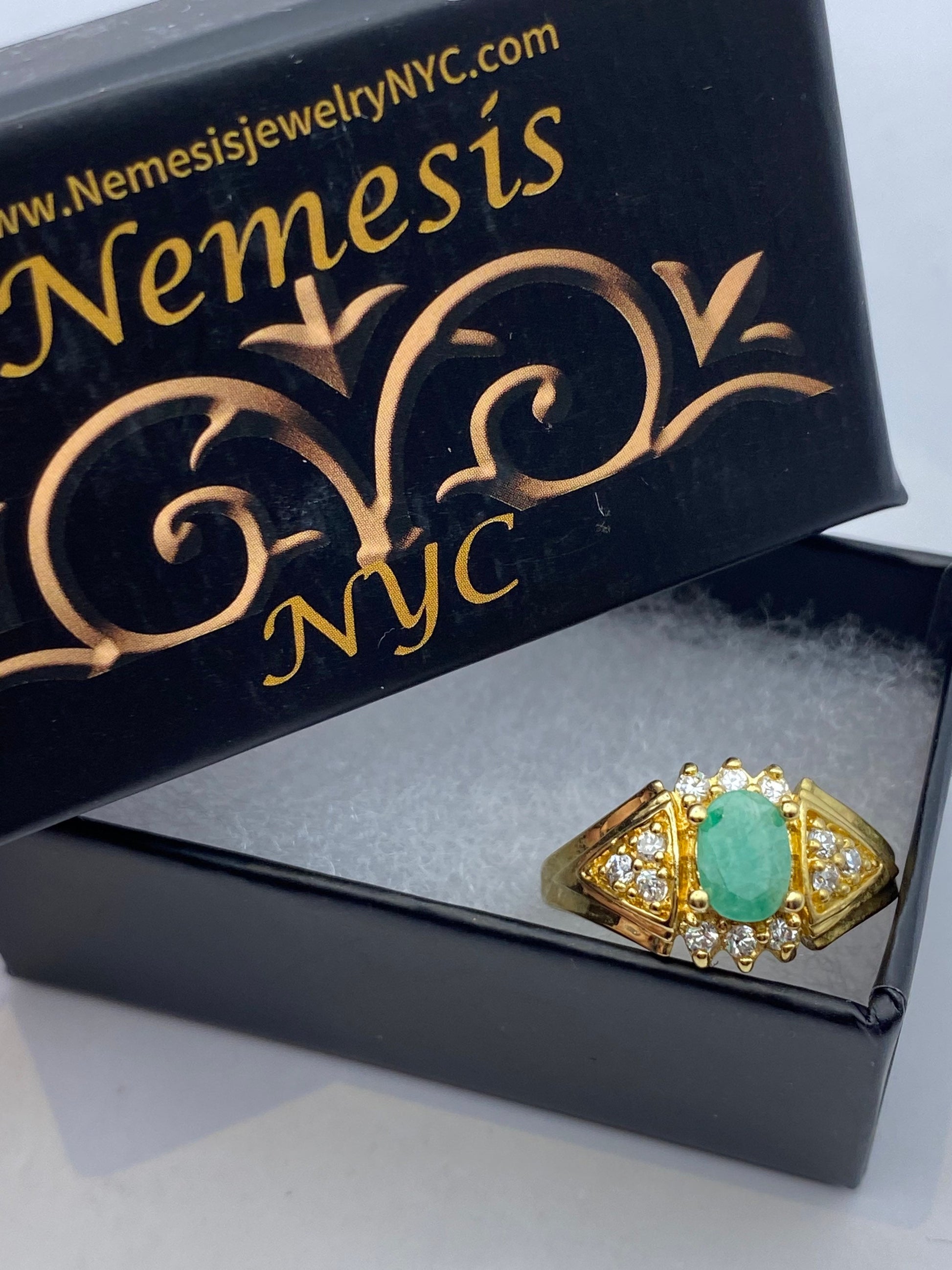 Vintage Green Emerald with Diamond Ring Golden 925 Sterling Silver