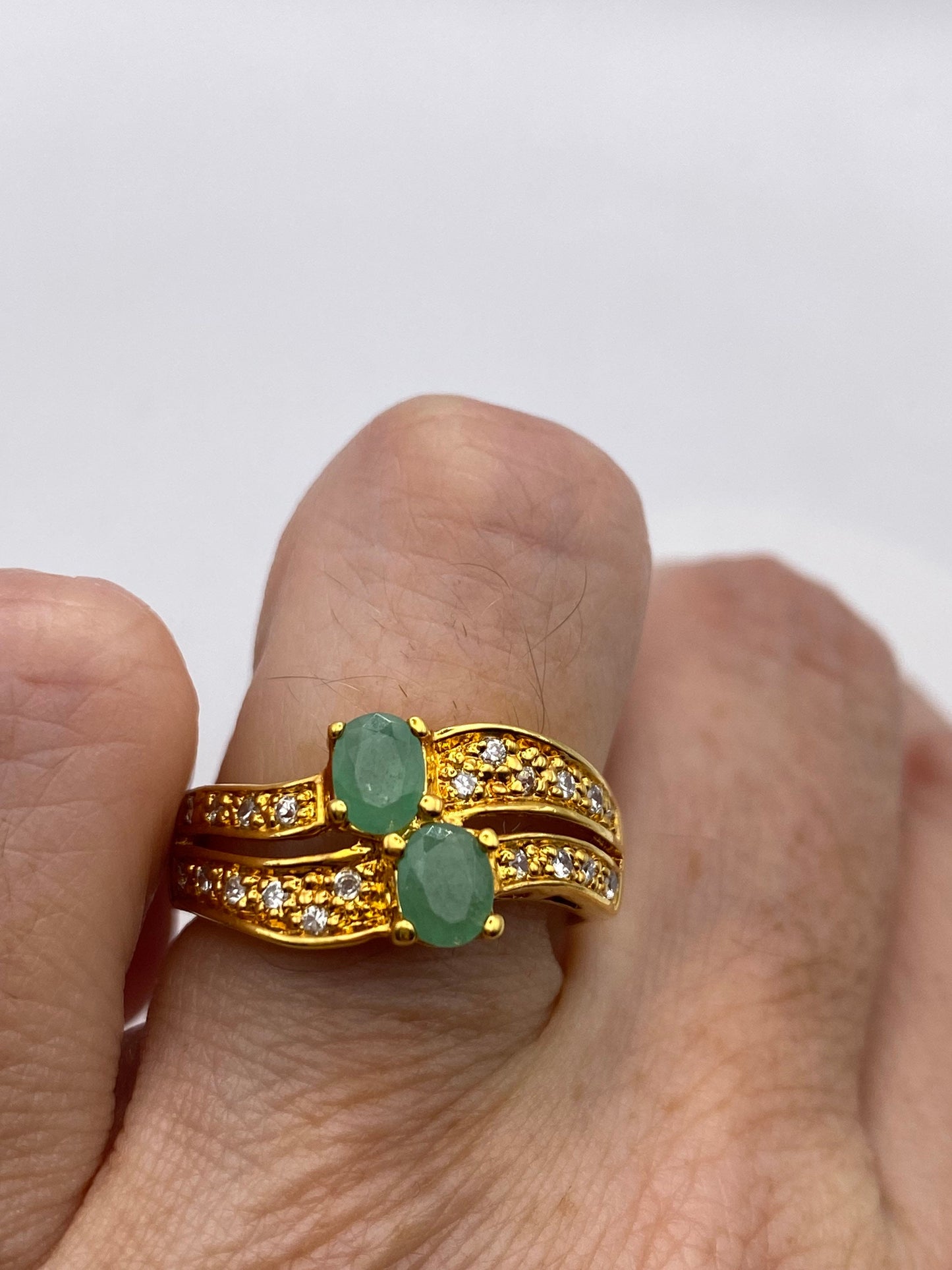 Vintage Green Emerald with Diamond Ring Golden 925 Sterling Silver