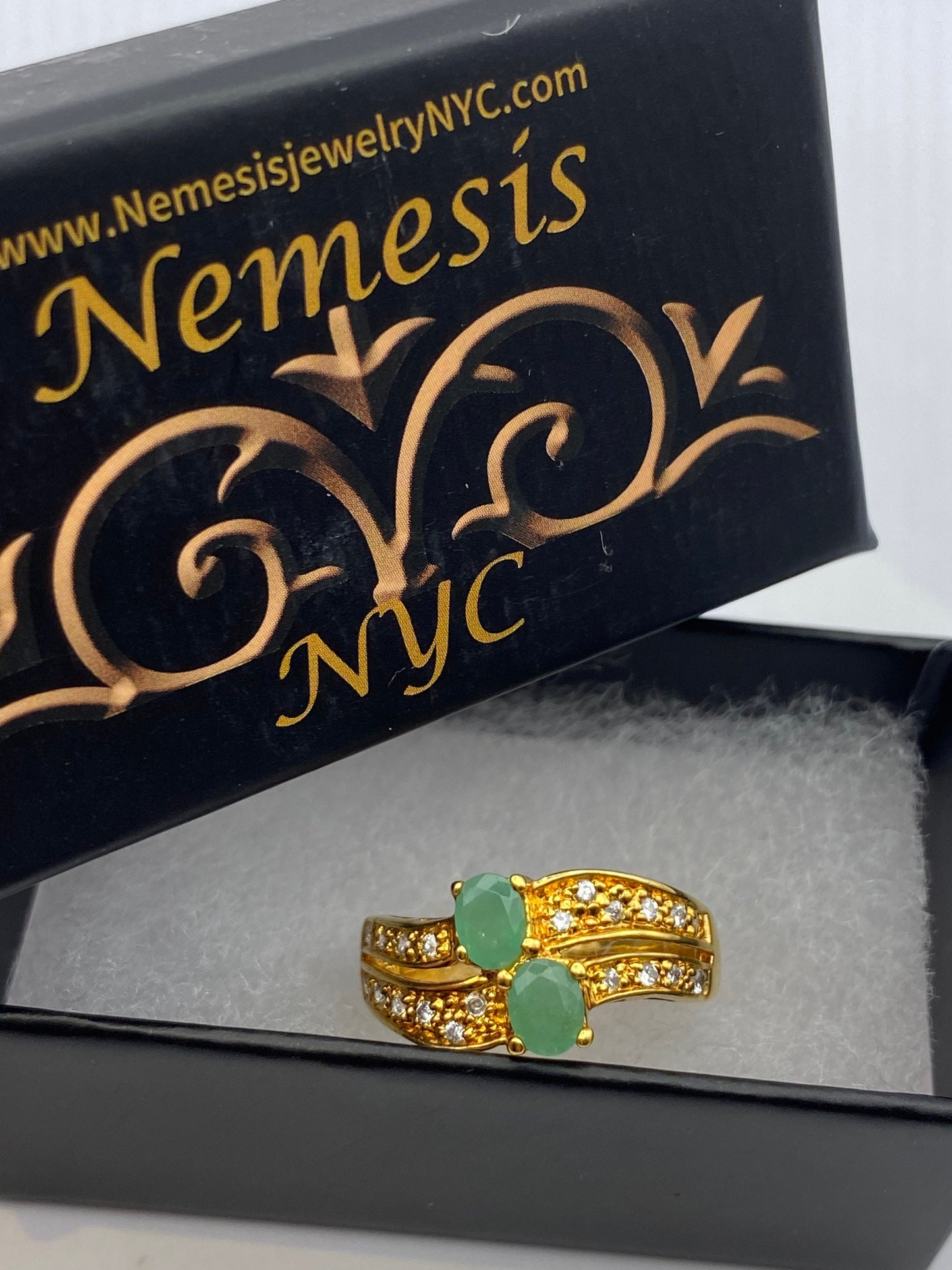 Vintage Green Emerald with Diamond Ring Golden 925 Sterling Silver