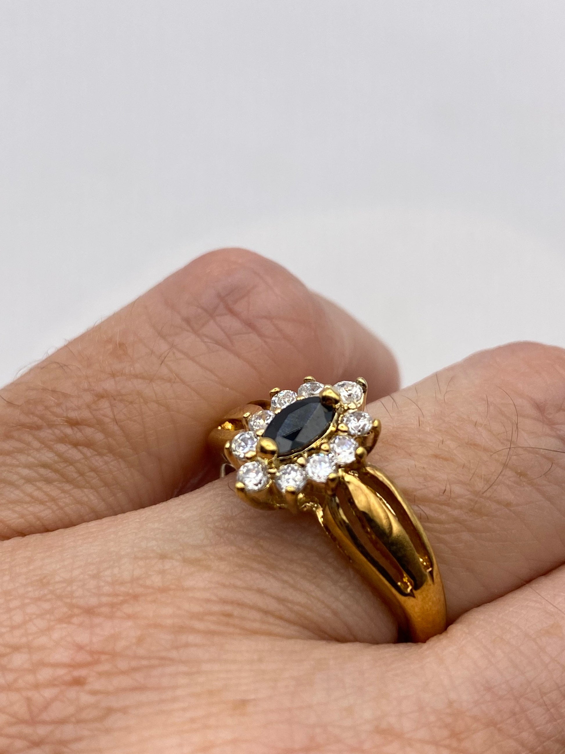 Vintage Blue Sapphire Ring Golden 925 Sterling Silver