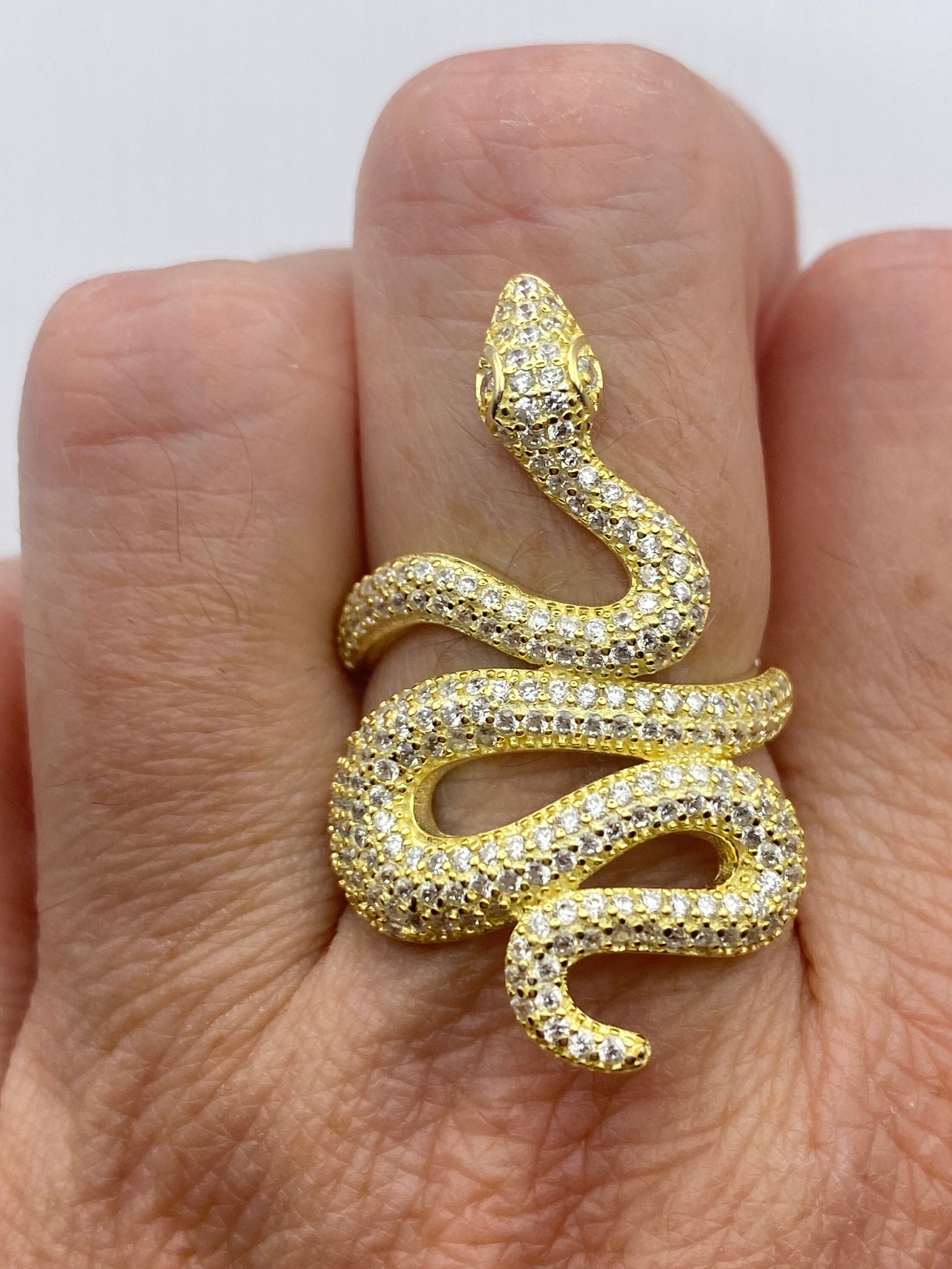 Vintage Snake Ring Golden 925 Sterling Silver Crystal Adjustable