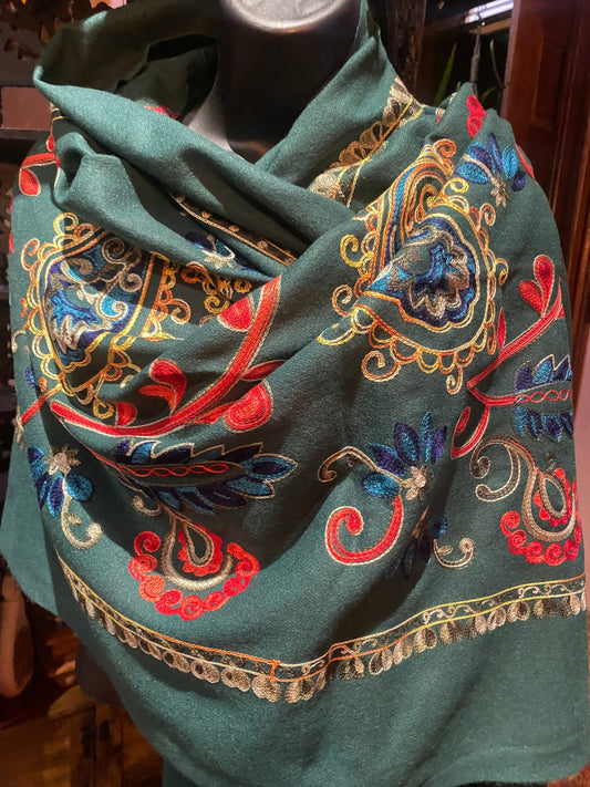 Vintage Forest Green Cashmere Pashmina Scarf Wrap Paisley Embroidered