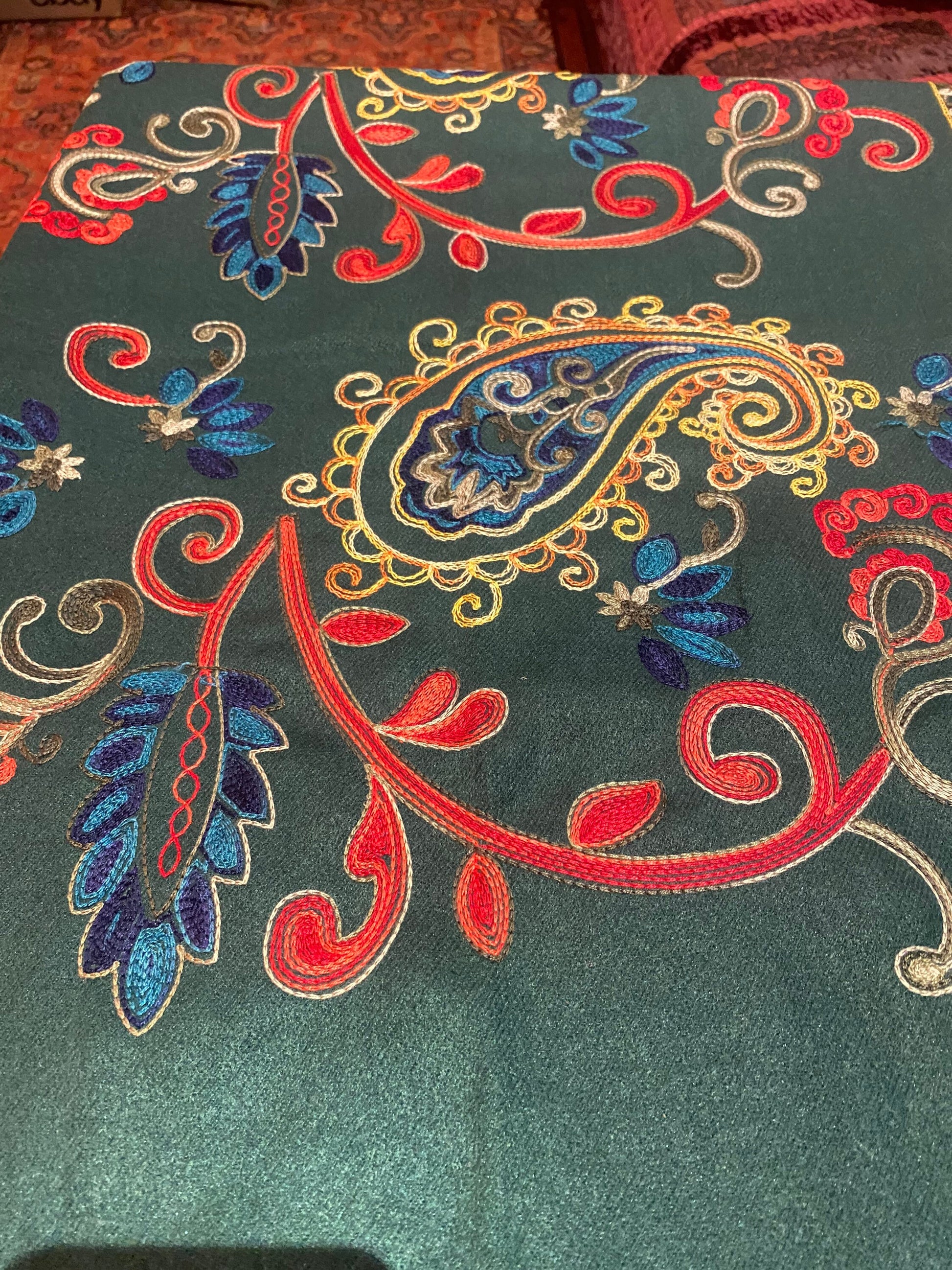 Vintage Forest Green Cashmere Pashmina Scarf Wrap Paisley Embroidered