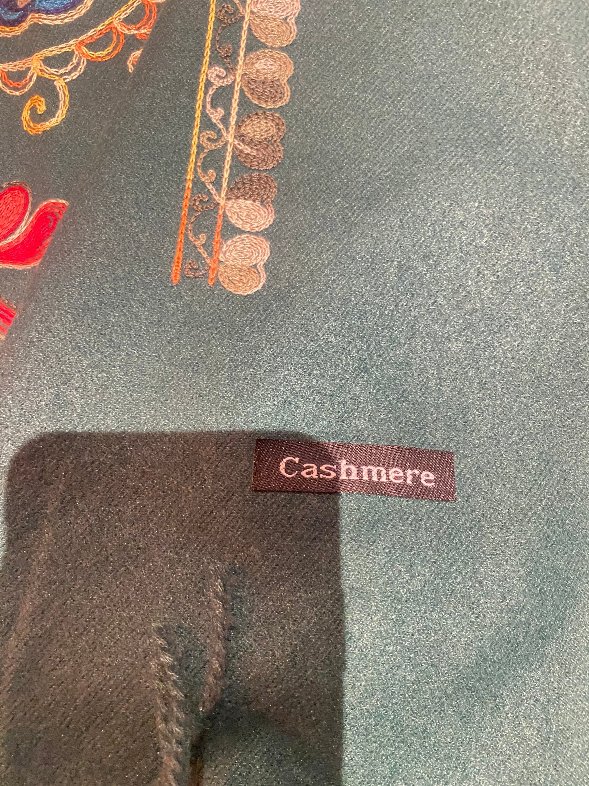 Vintage Forest Green Cashmere Pashmina Scarf Wrap Paisley Embroidered