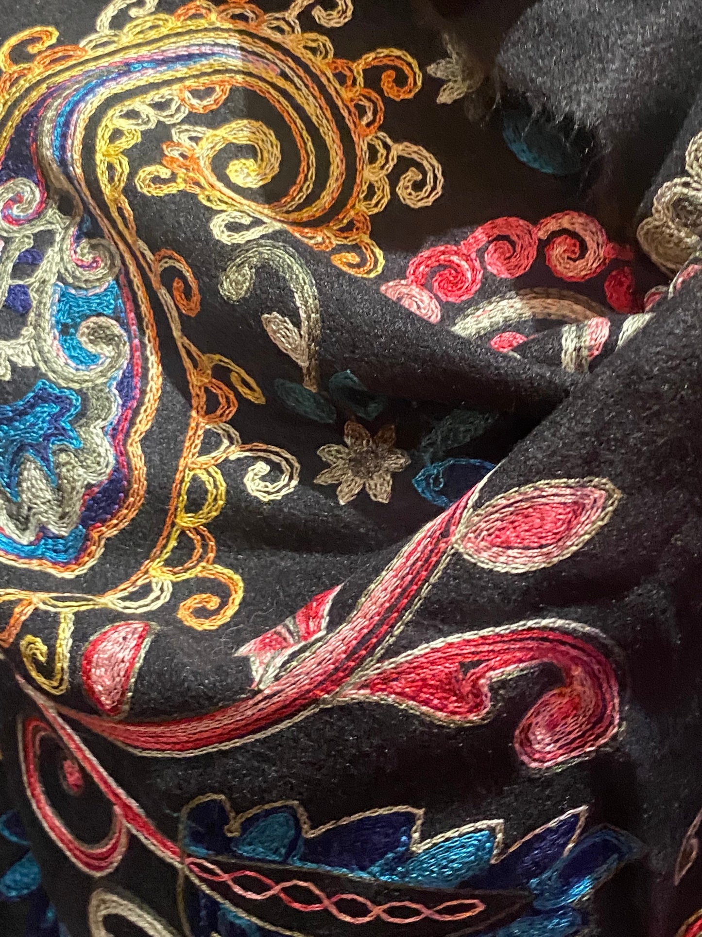 Vintage Black Cashmere Pashmina Scarf Wrap Paisley Embroidered