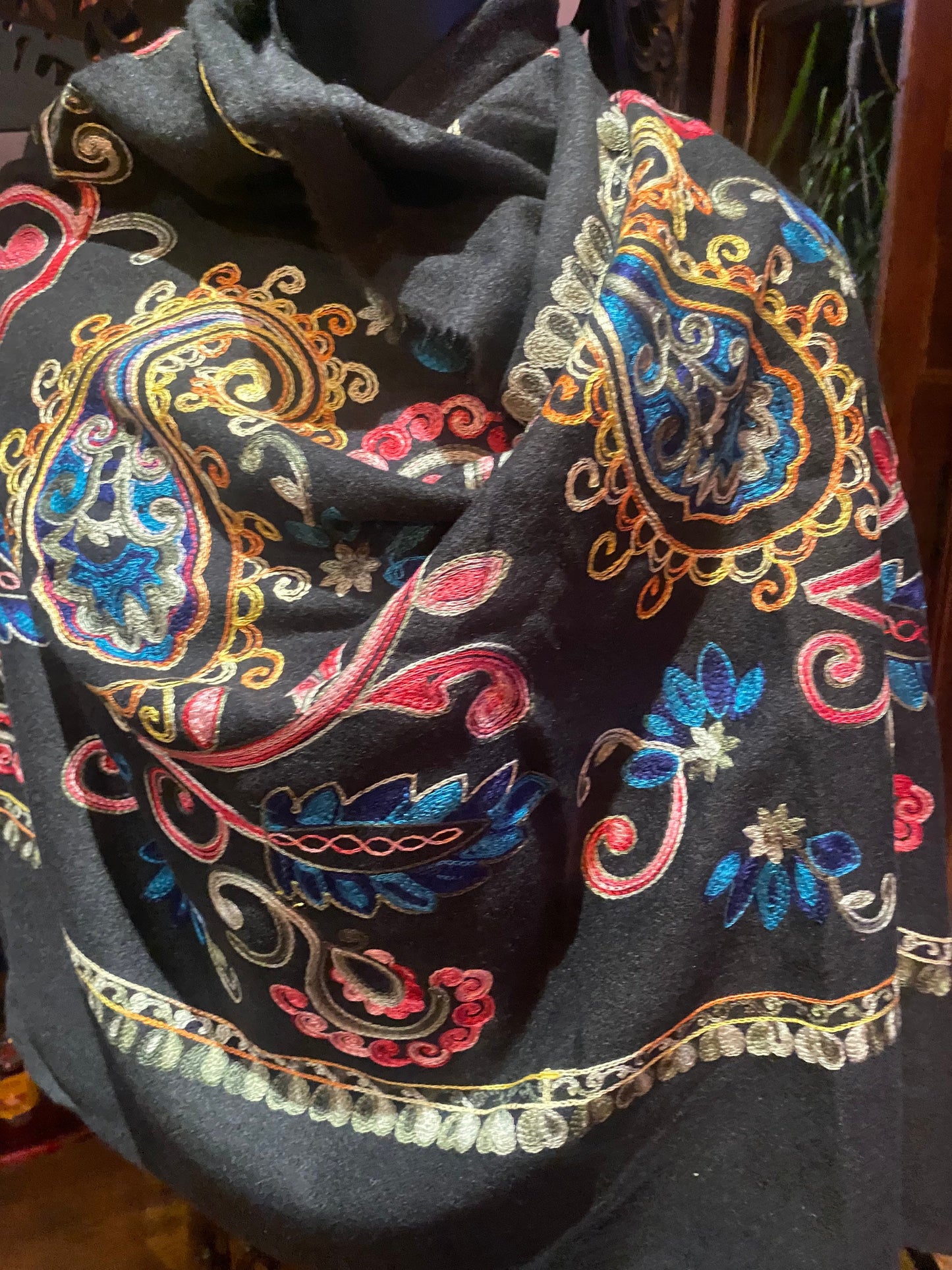 Vintage Black Cashmere Pashmina Scarf Wrap Paisley Embroidered