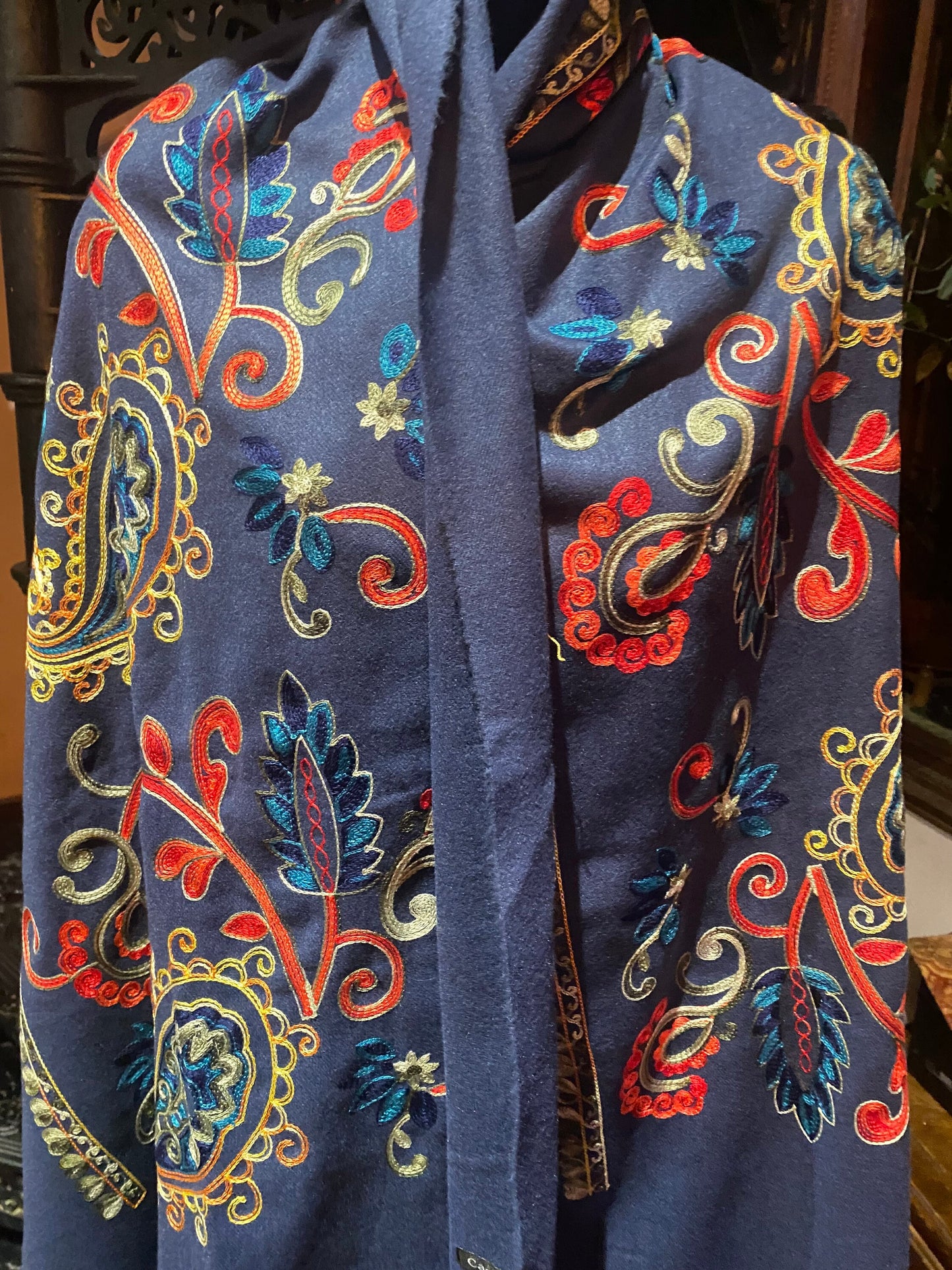 Vintage Navy Blue Cashmere Pashmina Scarf Wrap Paisley Embroidered