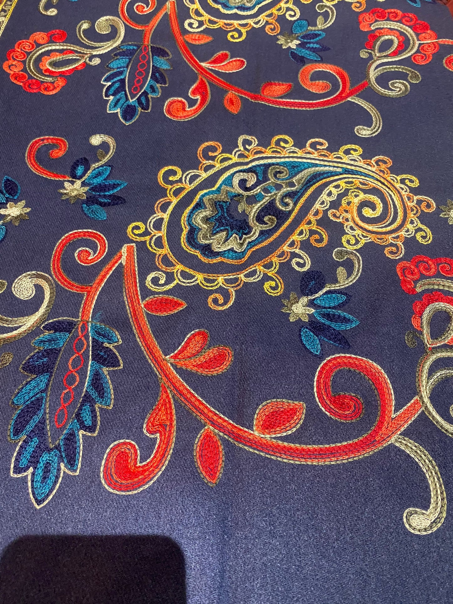 Vintage Navy Blue Cashmere Pashmina Scarf Wrap Paisley Embroidered