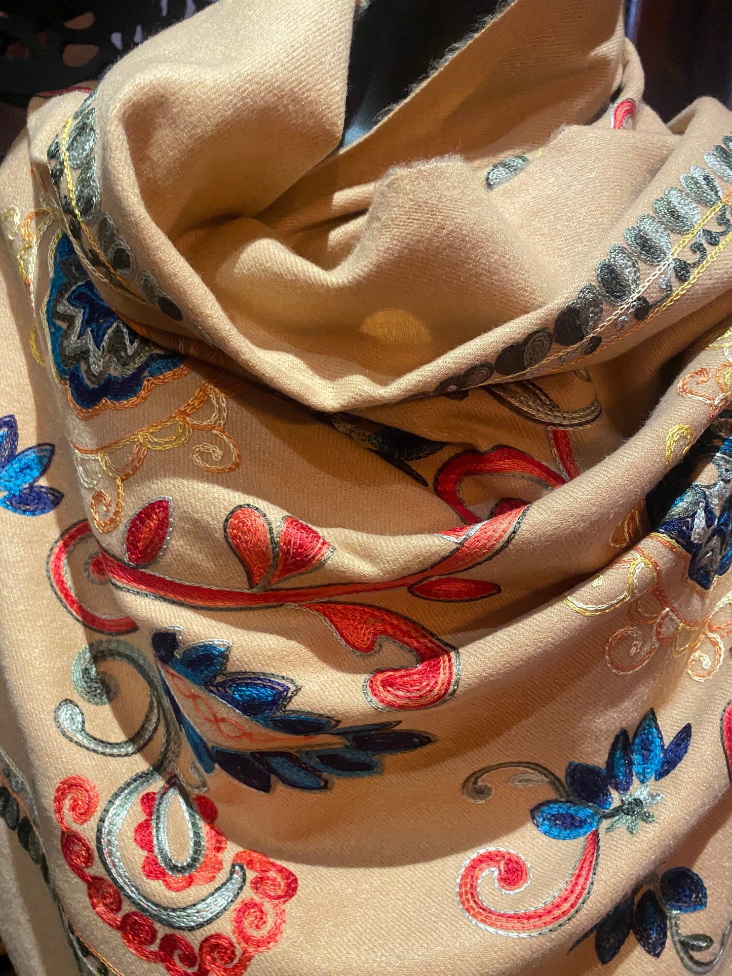 Vintage Camel Beige Cashmere Pashmina Scarf Wrap Paisley Embroidered