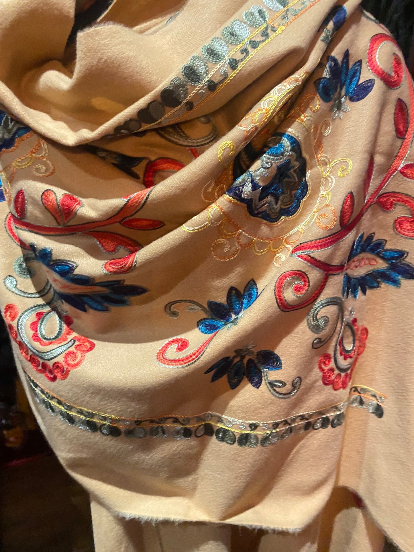 Vintage Camel Beige Cashmere Pashmina Scarf Wrap Paisley Embroidered