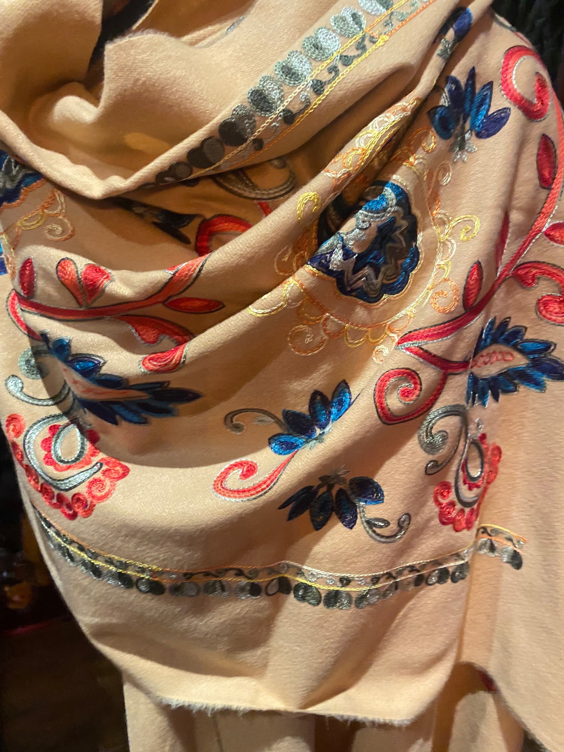 Vintage Camel Beige Cashmere Pashmina Scarf Wrap Paisley Embroidered