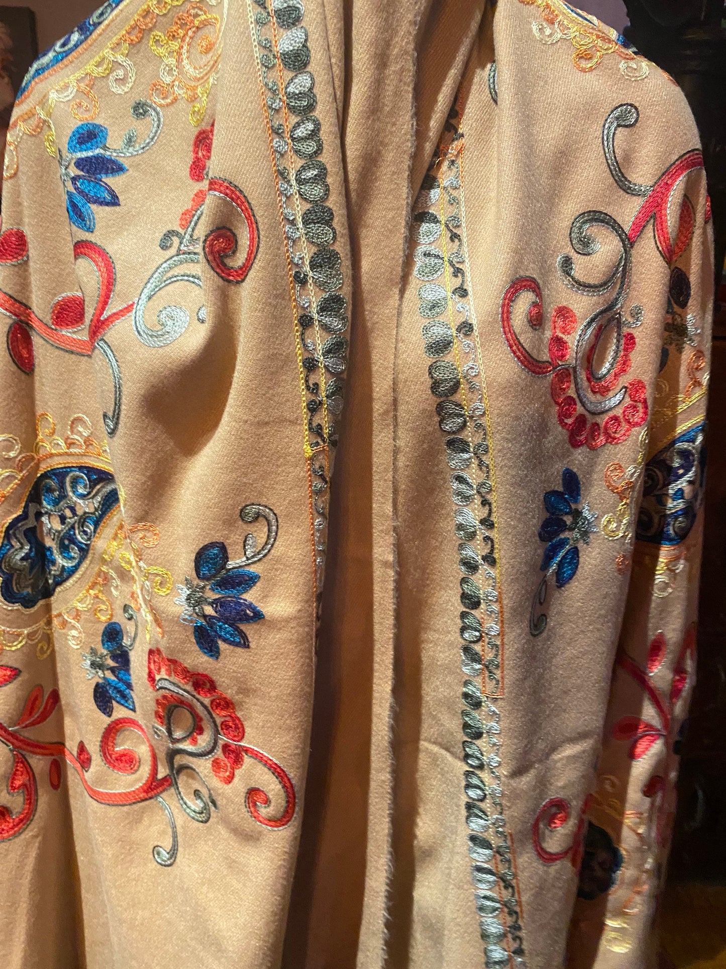 Vintage Camel Beige Cashmere Pashmina Scarf Wrap Paisley Embroidered